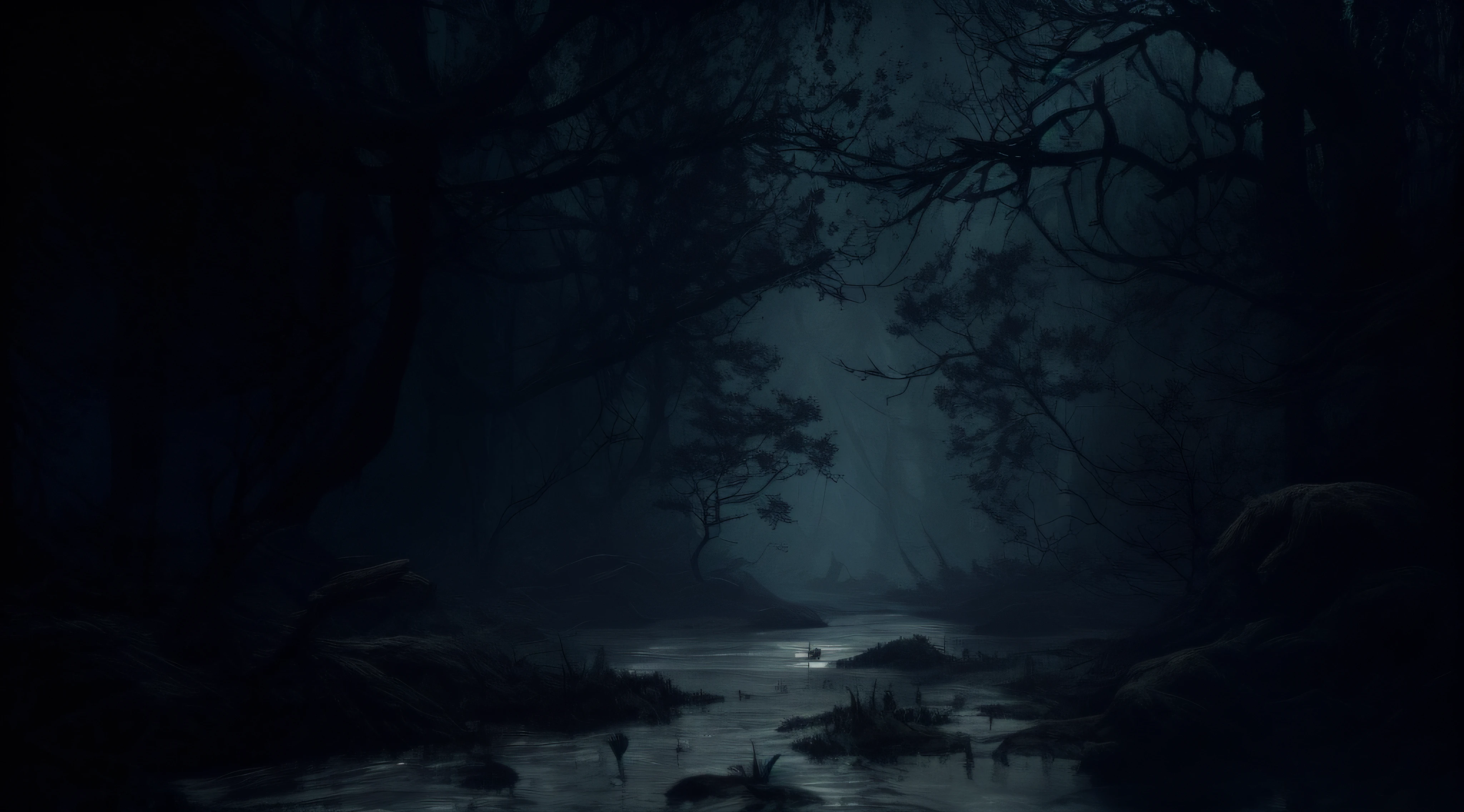 there is a dark forest with a stream of water running through it, horror environment, photorealistic dark concept art, dark night environment, moody environment, on a dark swampy bsttlefield, moonlit forest environment, dark fantasy environment, dark concept art, eerie nostalgic concept art, dark cinematic concept art, concept art of a dark forest, in the woods at night