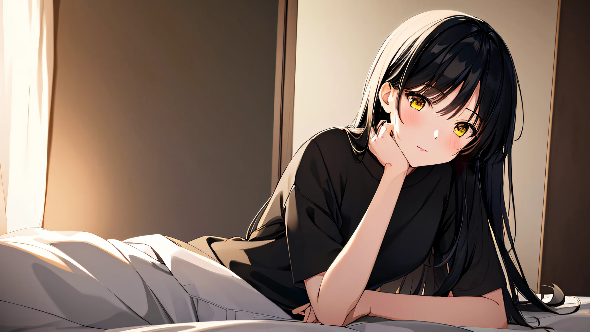 masterpiece, high quality, 8k, beautiful lighting, doga kobo, anime scene, 1girl, solo, aoi_haruka, black hair, medium to long hair, no bangs, young woman, a litle bit short posture, medium breast, yellow eyes, casual outfit, bedroom, upper body, looking at viewer