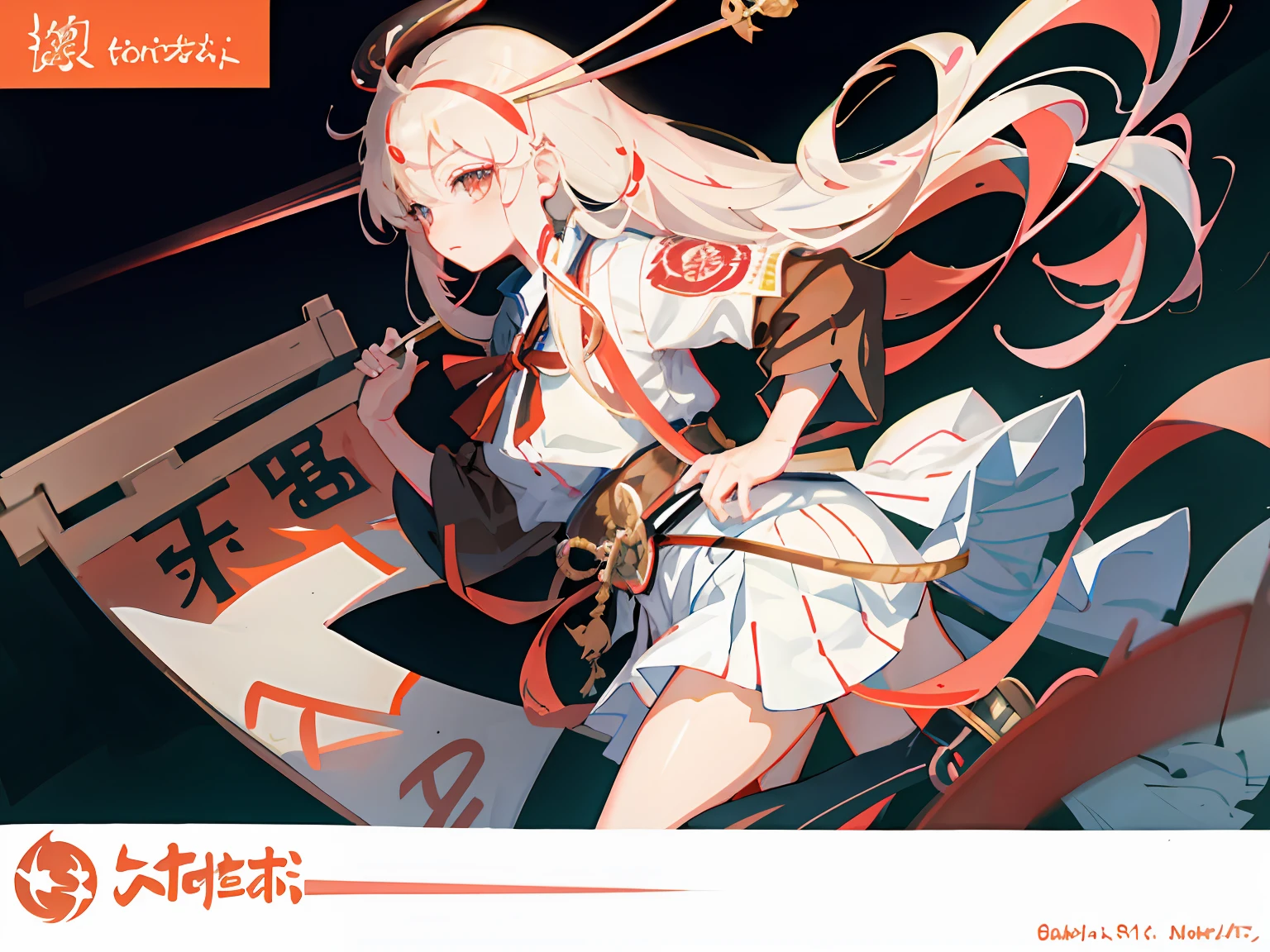 highr，1个Giant Breast Girl，Japan Flag，long  white hair，red color eyes，Black and red samurai costume，Knife pulling posture，SakuraNS，katana swords，of the highest quality，Chinese girl design，Genshin detailed art，Anime character design，anime concept art，pretty anime character design，anime character reference sheet，[character  design]，