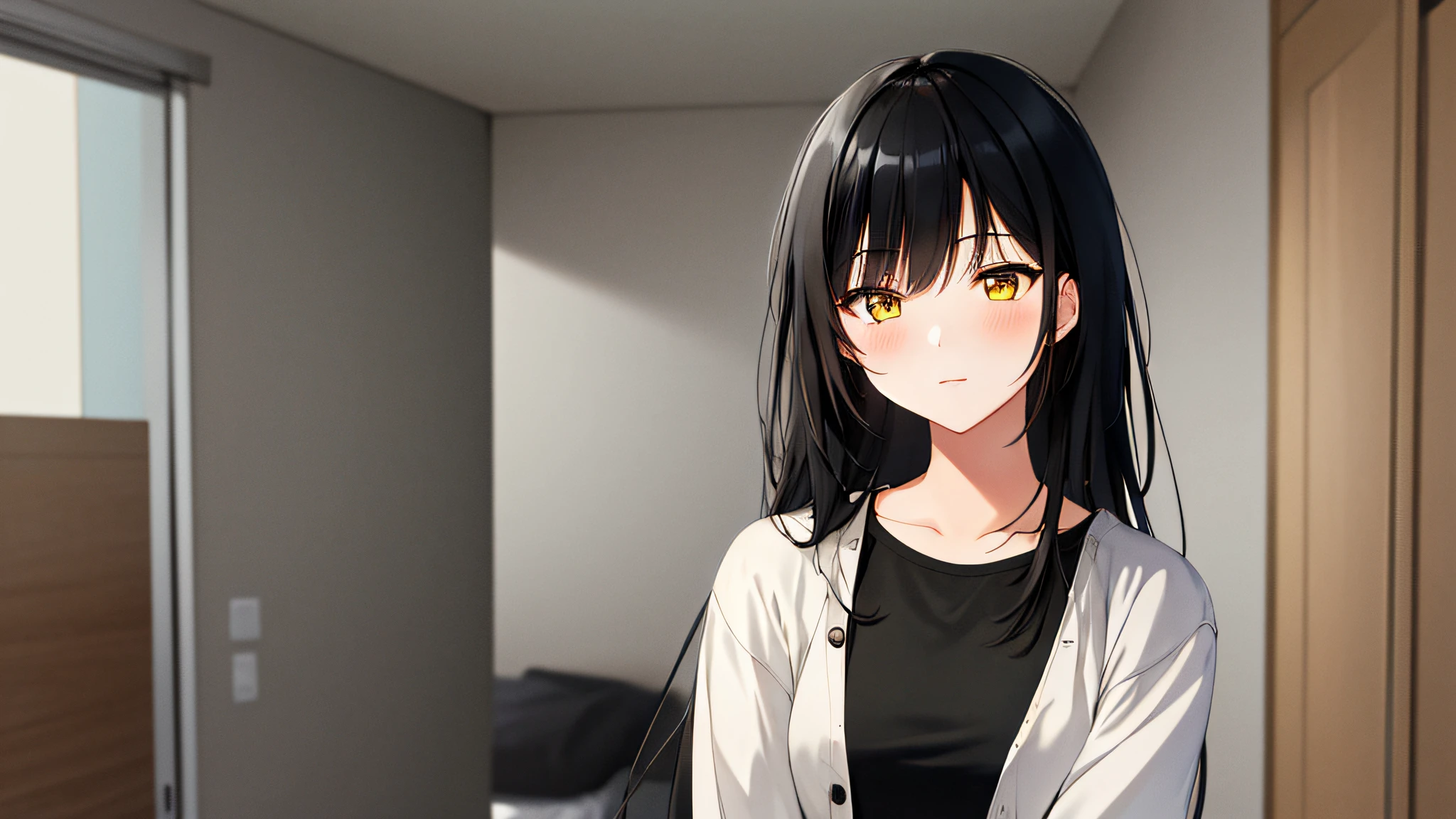 Anime girl with long black hair and yellow eyes standing in a room ...