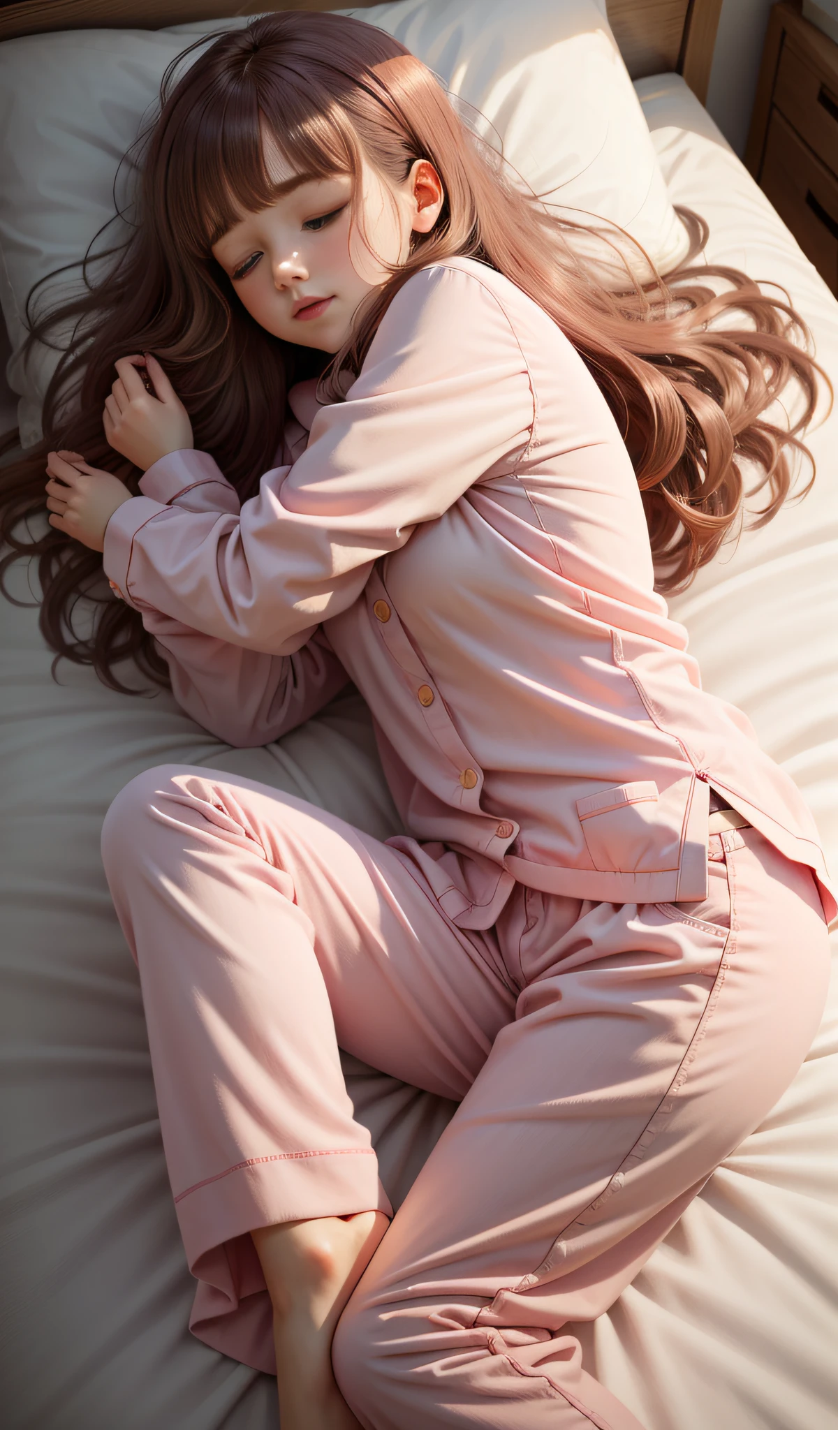 Sleeping girl, 22 years old, realistic, she is wearing long pants, she is wearing pink pajama, brown hair.