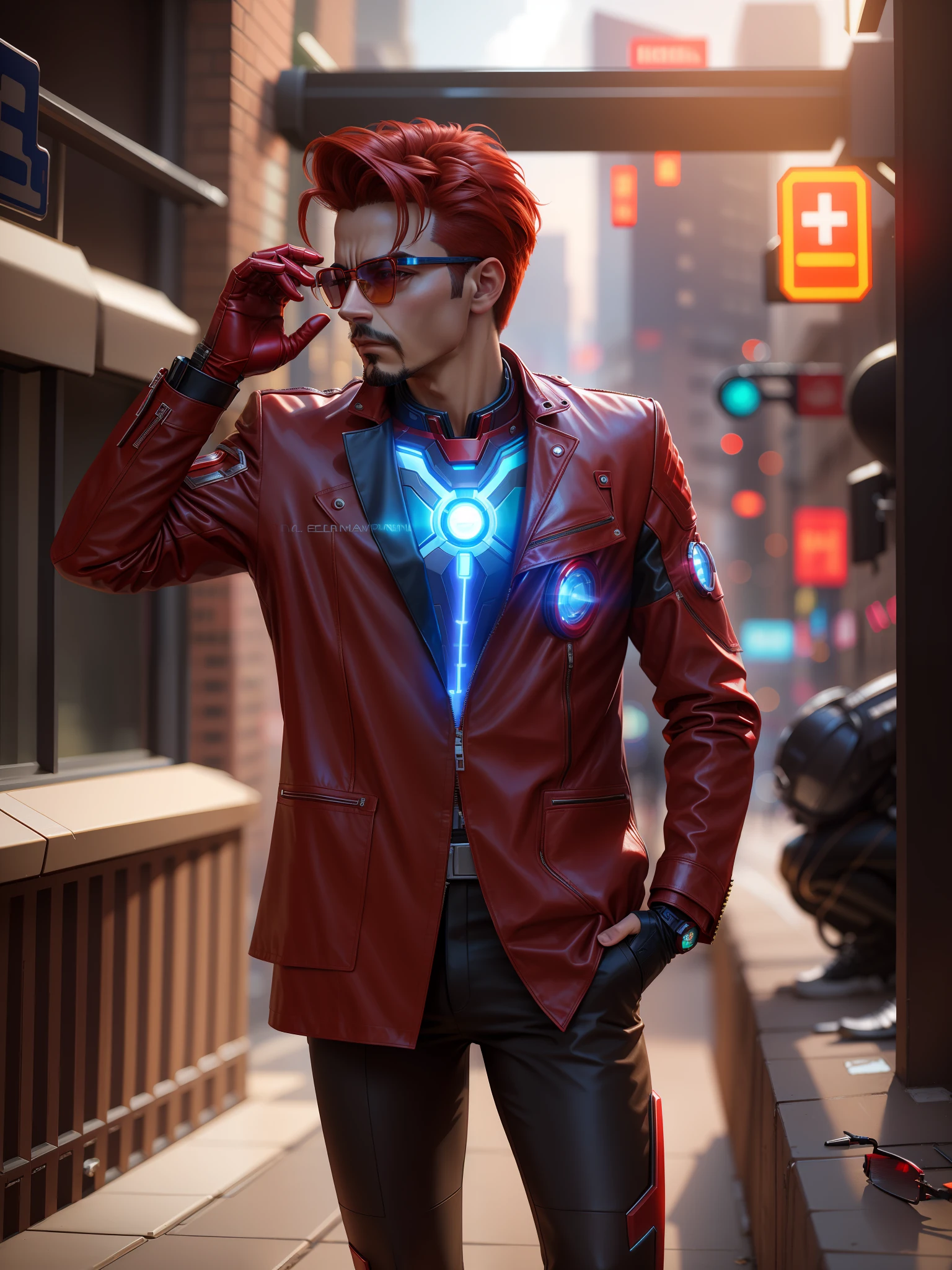 there is a man in a red leather jacket and glasses, hero pose colorful city lighting, iron man, full portrait of electromancer, wearing cyberpunk leather jacket, inspired by Raymond Han, inspired by Max Magnus Norman, cyberpunk suit, cyborg fashion shot, cyber future jacket, cyber suit, cinematic outfit photo, professional cosplay, wearing Tony stark jacket