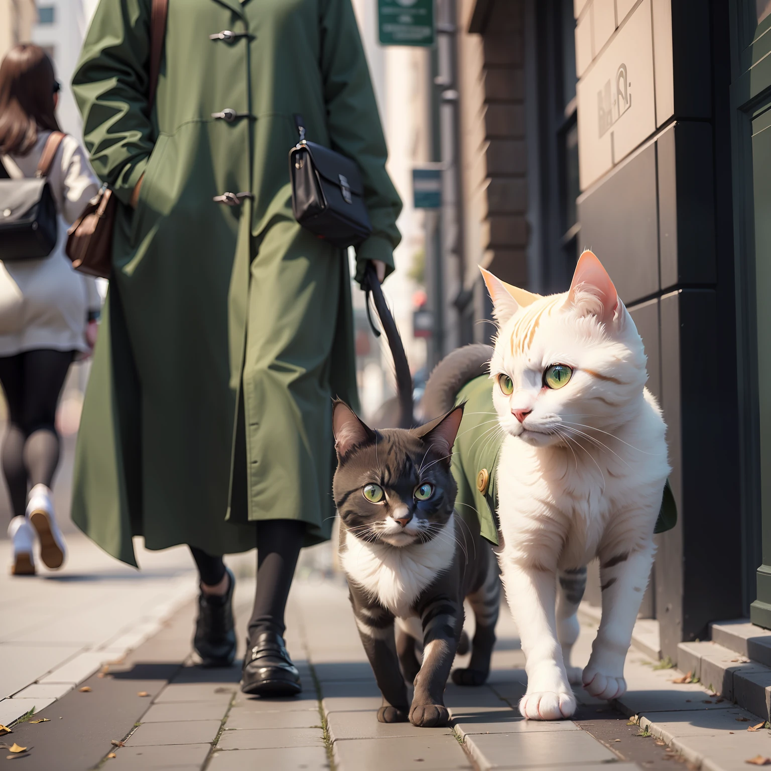 a cat is wearing a green coat. A cat is looking at a mobile phong, a super mini kitten ,A cat is walking down the street, costume , anthropomorphic , photo real . classic composition , masterpiece , exquisite , color correction , amazing visual effects , crazy details , intricate details , sharp focus , HD ,8k,-- ar 3:4-- q 2-- v 5.1