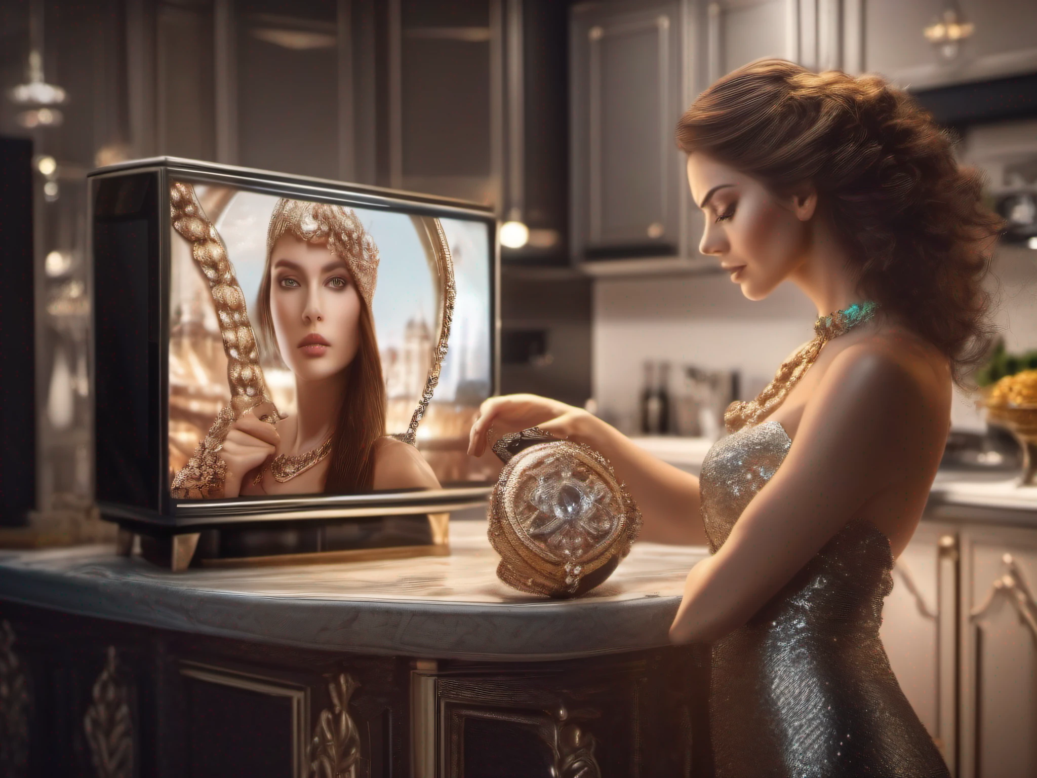 closeup woman presenting herself with the new luxury jewelry in a tv-kitchen