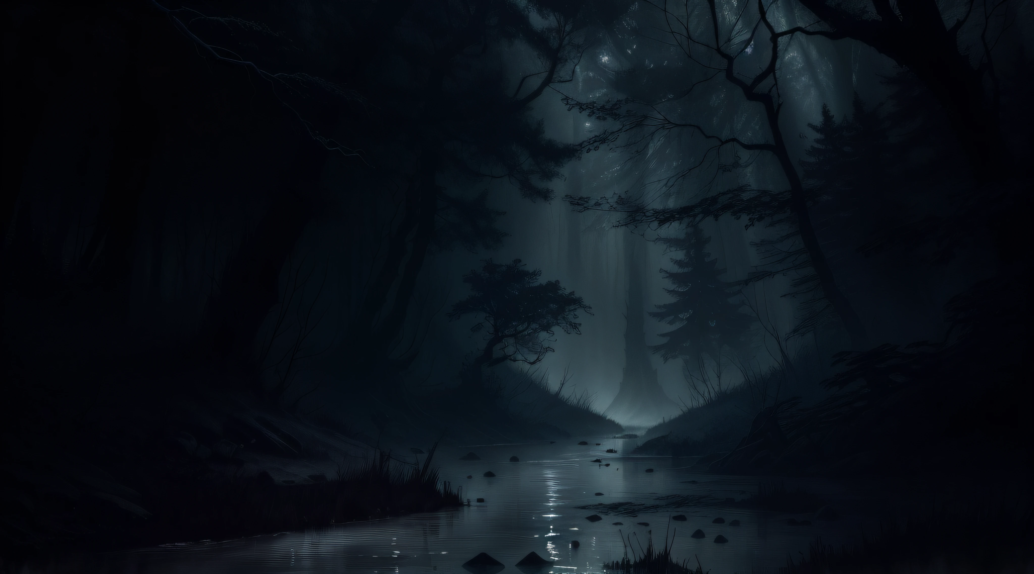 there is a dark forest with a stream of water running through it, horror environment, photorealistic dark concept art, moody environment, dark night environment, on a dark swampy bsttlefield, moonlit forest environment, dark fantasy environment, eerie nostalgic concept art, dark concept art, dark cinematic concept art, concept art of a dark forest, in the woods at night
