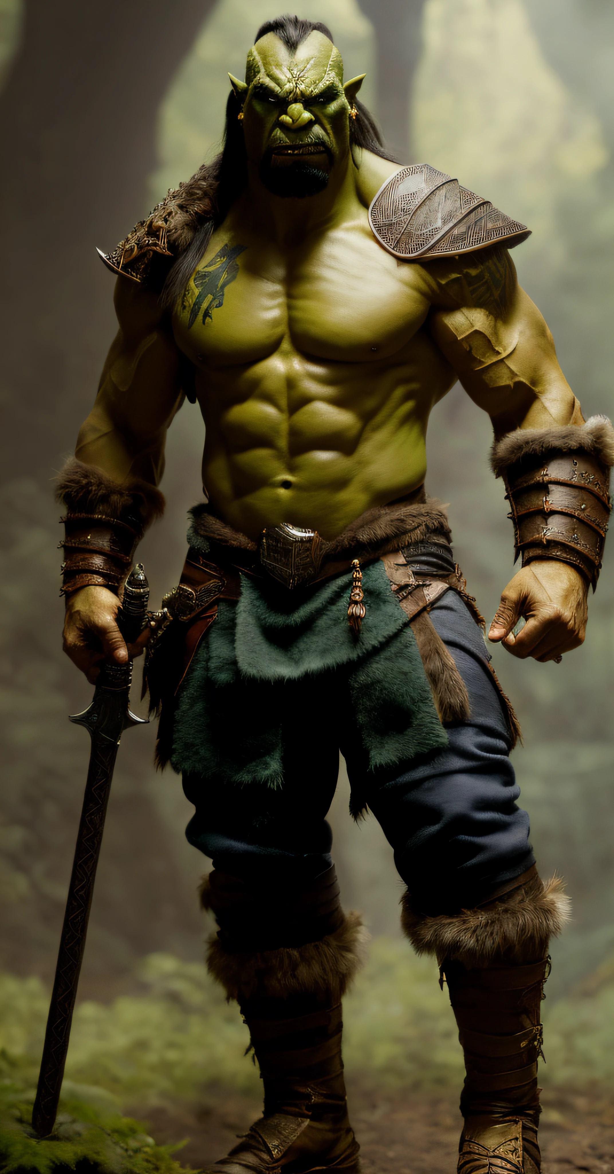 Araffe with a sword and a leather suit standing in a forest, orc themed, Metade - Orc, Orc Guerreiro, male barbarian, Close-up de corpo inteiro, fotografia de brinquedo, Tipo de Corpo Hulk, Orc, barbarous, ogro, 7 0 mm. dramatic lighting, foto de retrato em close-up, fur-clad barbarian goliath, Hulk