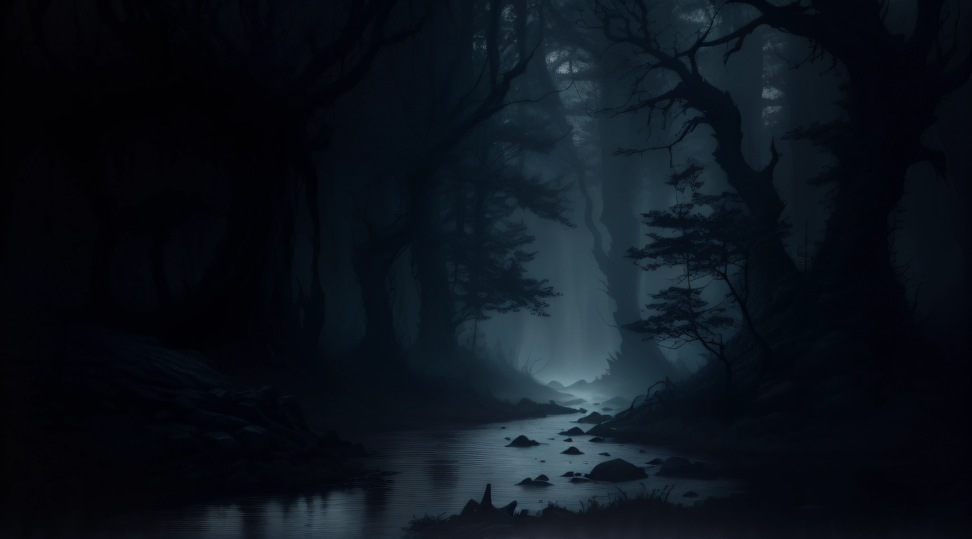 there is a dark forest with a stream of water running through it, horror environment, photorealistic dark concept art, moody environment, dark night environment, on a dark swampy bsttlefield, moonlit forest environment, dark fantasy environment, eerie nostalgic concept art, dark concept art, dark cinematic concept art, concept art of a dark forest, in the woods at night