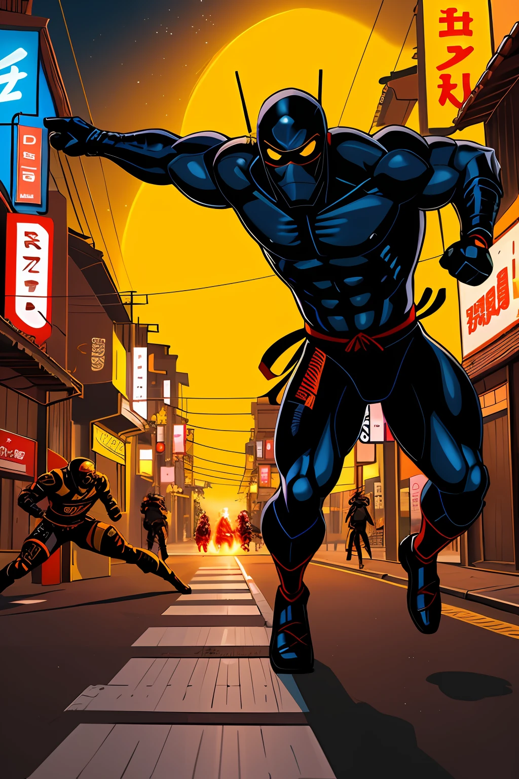 Imagem aproximada de 2 samurais, 1 ninja usando roupa colada ao corpo estruturado forte, (running towards the camera), (ninja parece Furioso), Furioso, correndo para atacar, fugindo de 2 samurais vestindo armadura, em um beco sujo da cidade, cidade japonesa, (noite: 1.4), blue and yellow neon signs, chase scene, ACTION SCENE, contornos grossos, Comic book style, Dynamic camera angle, pele realista, realistic hands, perfect hands, Action lines, fundo de desfoque de movimento