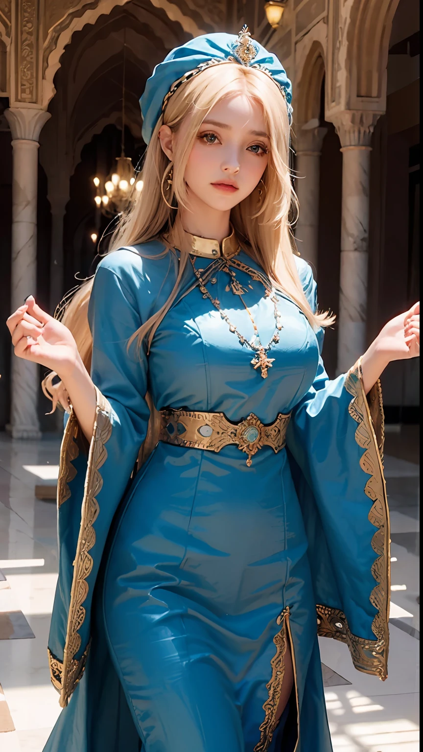 (1girl:1.3), very Beautiful blond haïr portrait Moroccan caftan full dress outfit moroccan city Art officiel, Unity 8k wallpaper, Ultra detailded, beautiful and aesthetic, beau, master piece, beste-Qualit, Fantastical Atmosphere, Palette apaisante, Humeur tranquille, Ombrage doux, Miko Priestess, sort de charme, talisman familier, devoirs de jeune fille du sanctuaire,