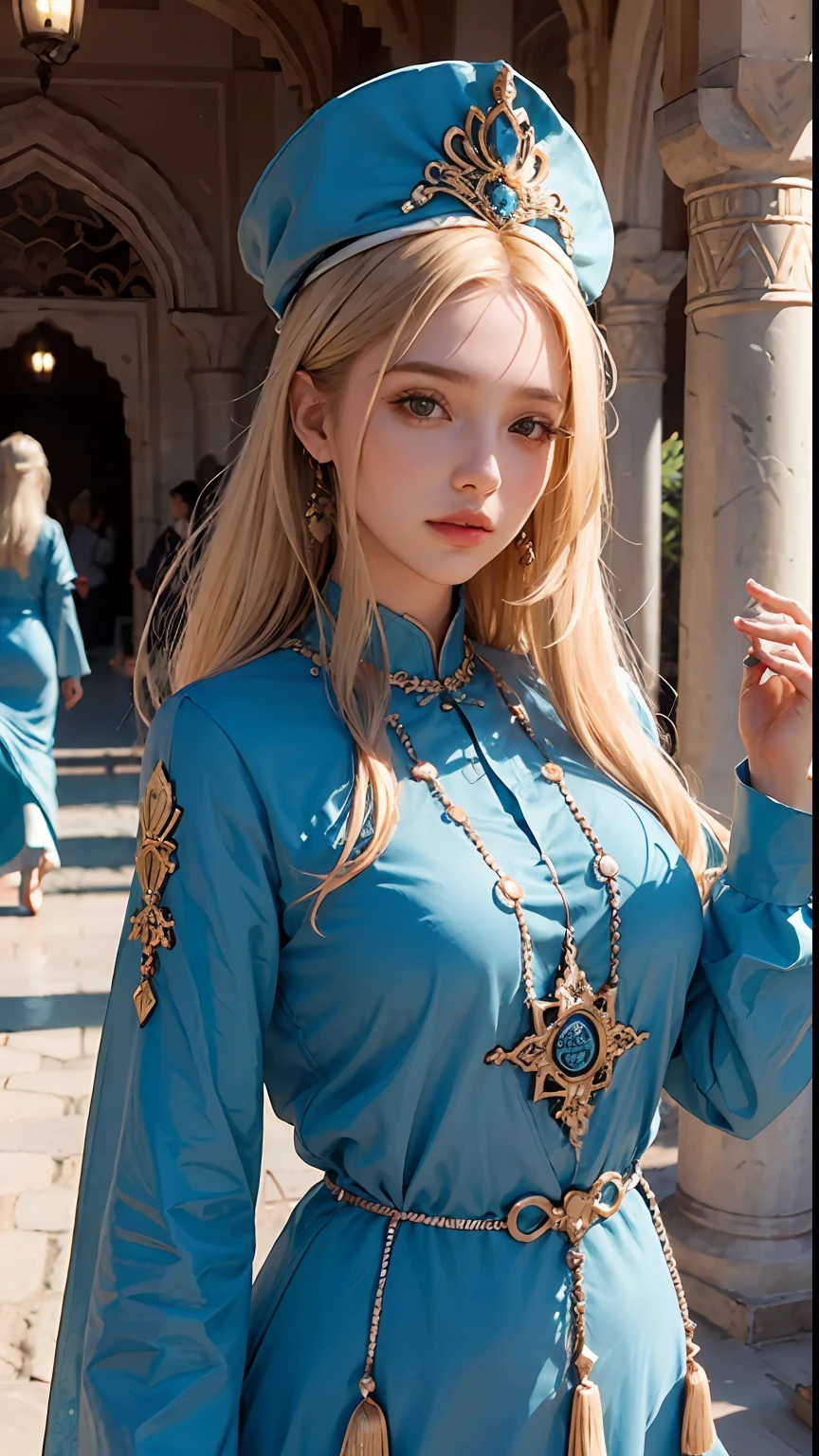 (1girl:1.3), very Beautiful blond haïr portrait Moroccan caftan full dress outfit moroccan city Art officiel, Unity 8k wallpaper, Ultra detailded, beautiful and aesthetic, beau, master piece, beste-Qualit, Fantastical Atmosphere, Palette apaisante, Humeur tranquille, Ombrage doux, Miko Priestess, sort de charme, talisman familier, devoirs de jeune fille du sanctuaire,