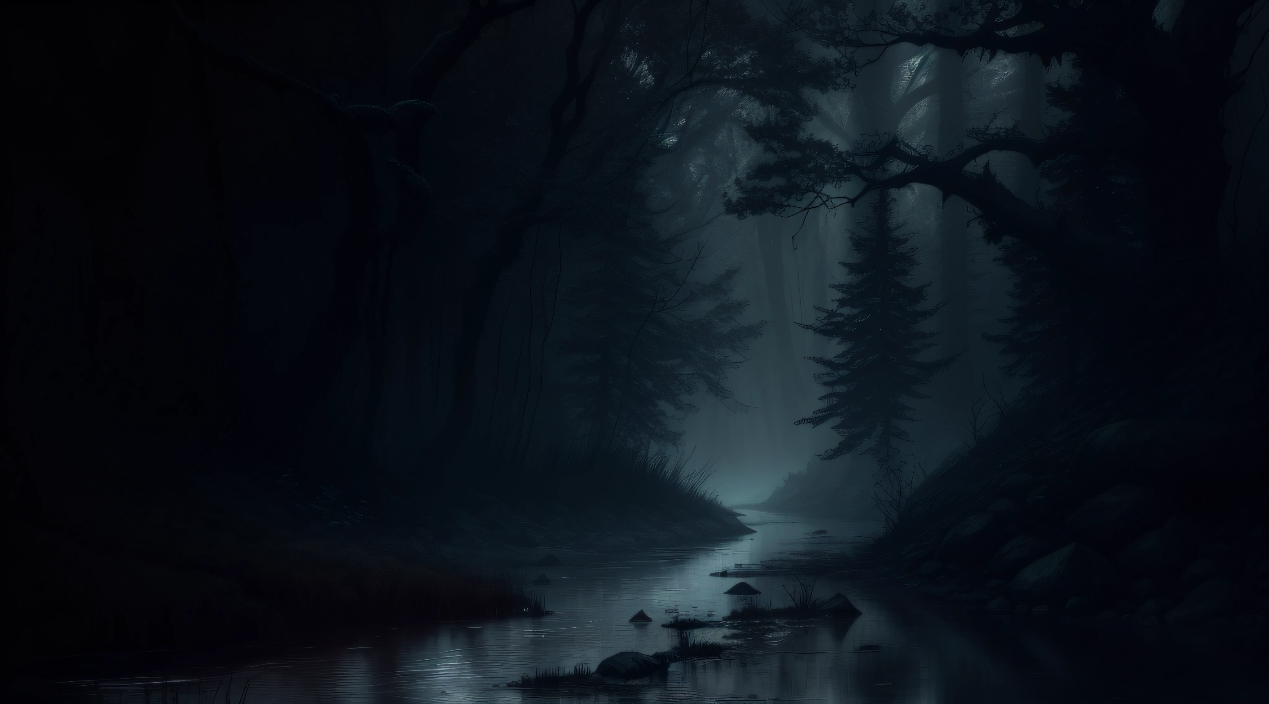 there is a dark forest with a stream of water running through it, horror environment, photorealistic dark concept art, moody environment, dark night environment, on a dark swampy bsttlefield, moonlit forest environment, dark fantasy environment, eerie nostalgic concept art, dark concept art, dark cinematic concept art, concept art of a dark forest, in the woods at night