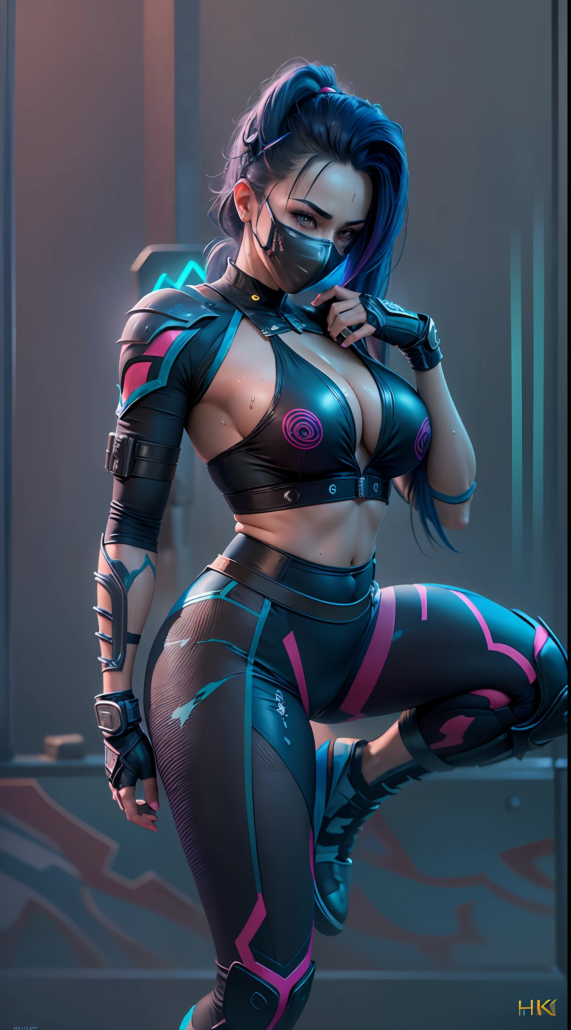 ((ultra resolution image)), ((HDR MORE)), ((ultra realistic modeling)), highest resolution, ((8k)), tall female, 37 years old, wet pink lips, medium breasts, medium hips, thick thighs , base ( Kitana Mortal Kombat ), mask cyberpunk clothes, neon blue , desert , sweaty skin, ultra long blue hair