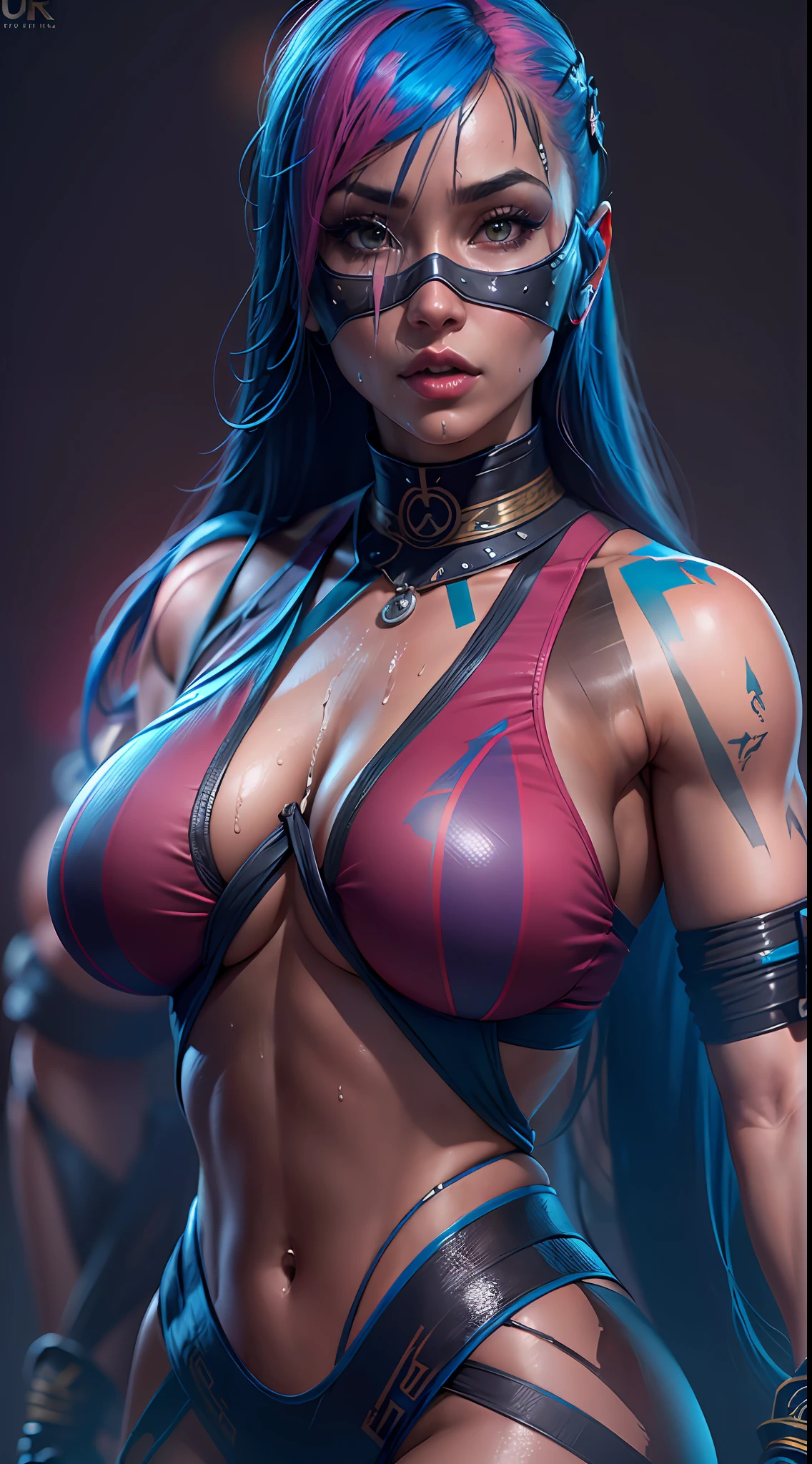 ((ultra resolution image)), ((HDR MORE)), ((ultra realistic modeling)), highest resolution, ((8k)), tall female, 37 years old, wet pink lips, medium breasts, medium hips, thick thighs , base ( Kitana Mortal Kombat ), mask cyberpunk clothes, neon blue , desert , sweaty skin, ultra long blue hair