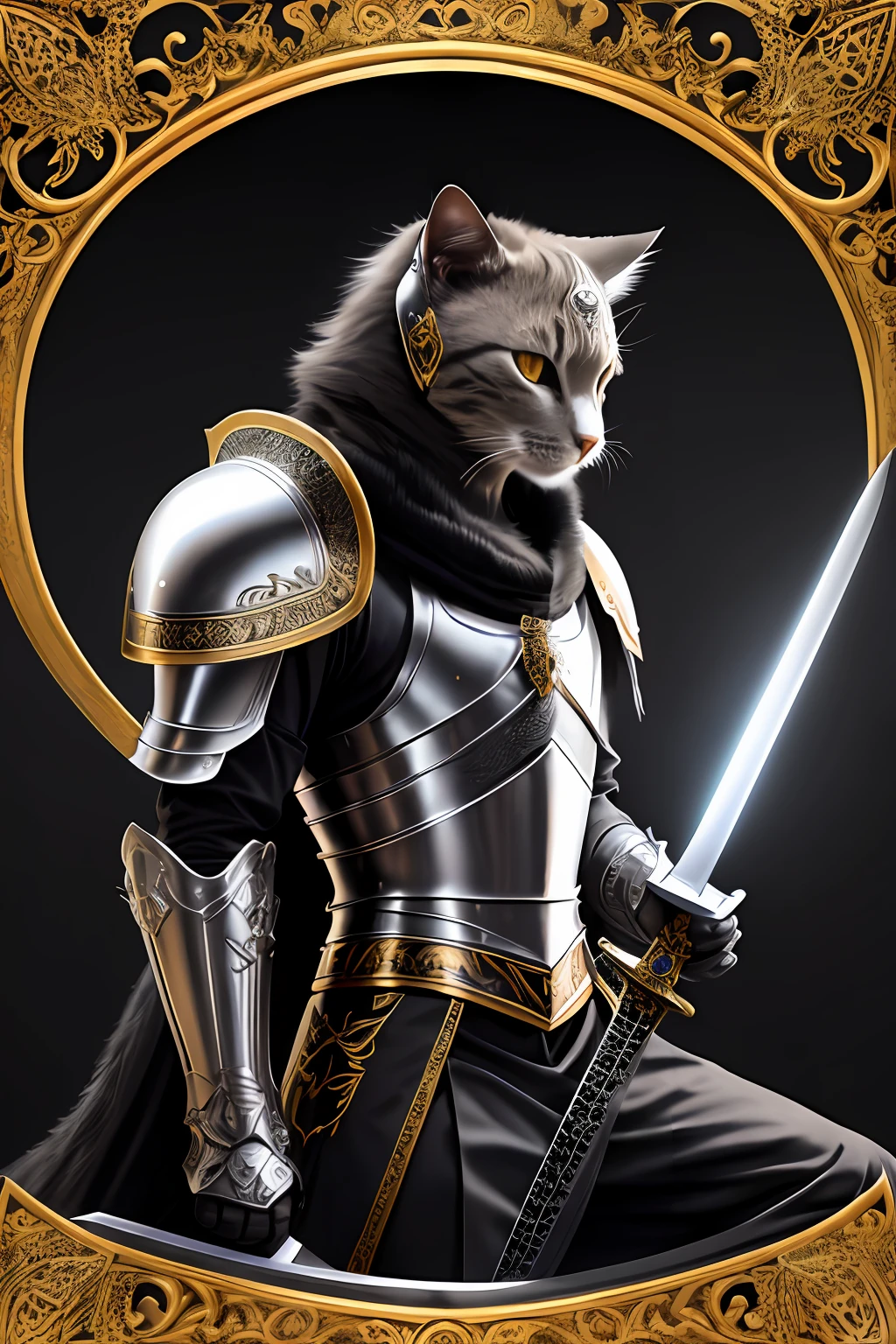 kneeling cat knight, portrait, finely detailed armor, intricate design, silver, silk, cinematic lighting, 4k, {tuxedo cat}, ((sword and board)), ((fiery background)), no helmet