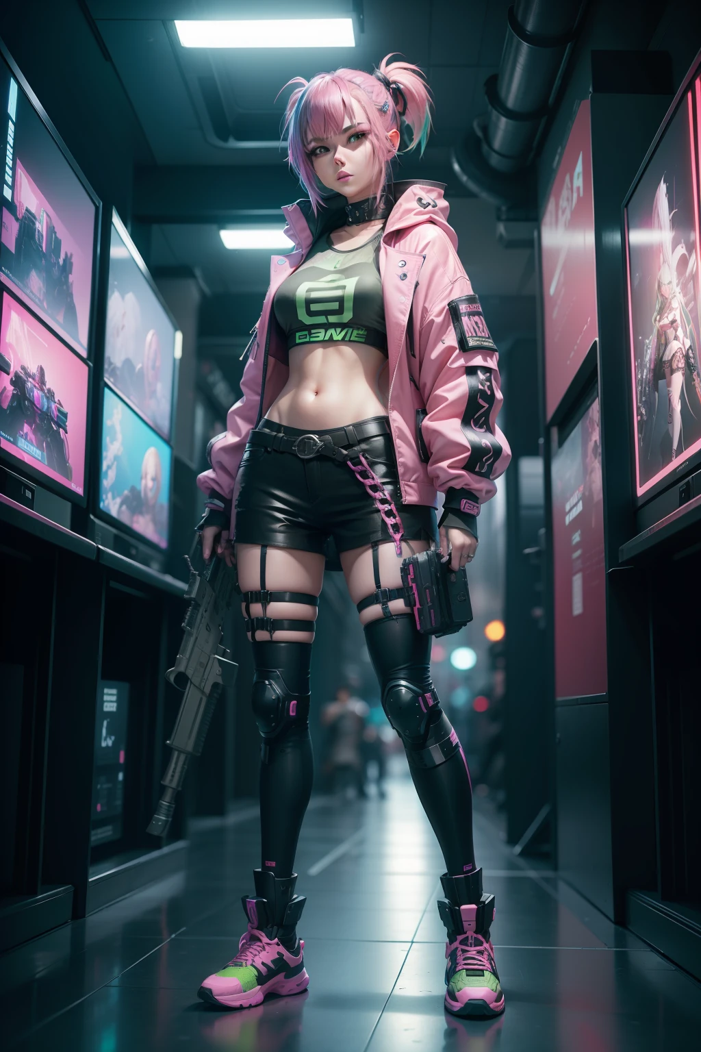 full body Esbian、3D Game Animation,Holding a machine gun in both hands、cyberpunked, Pink and green hair、Full body shot, Casual clothing, All Neon, Fashion,Holding a machine gun in both hands、 An AI, Central Server, Deep view, Cyberpunk Games , Highly detailed, Art Station, 8K, Bright lighting, very beautiful face,Fighting