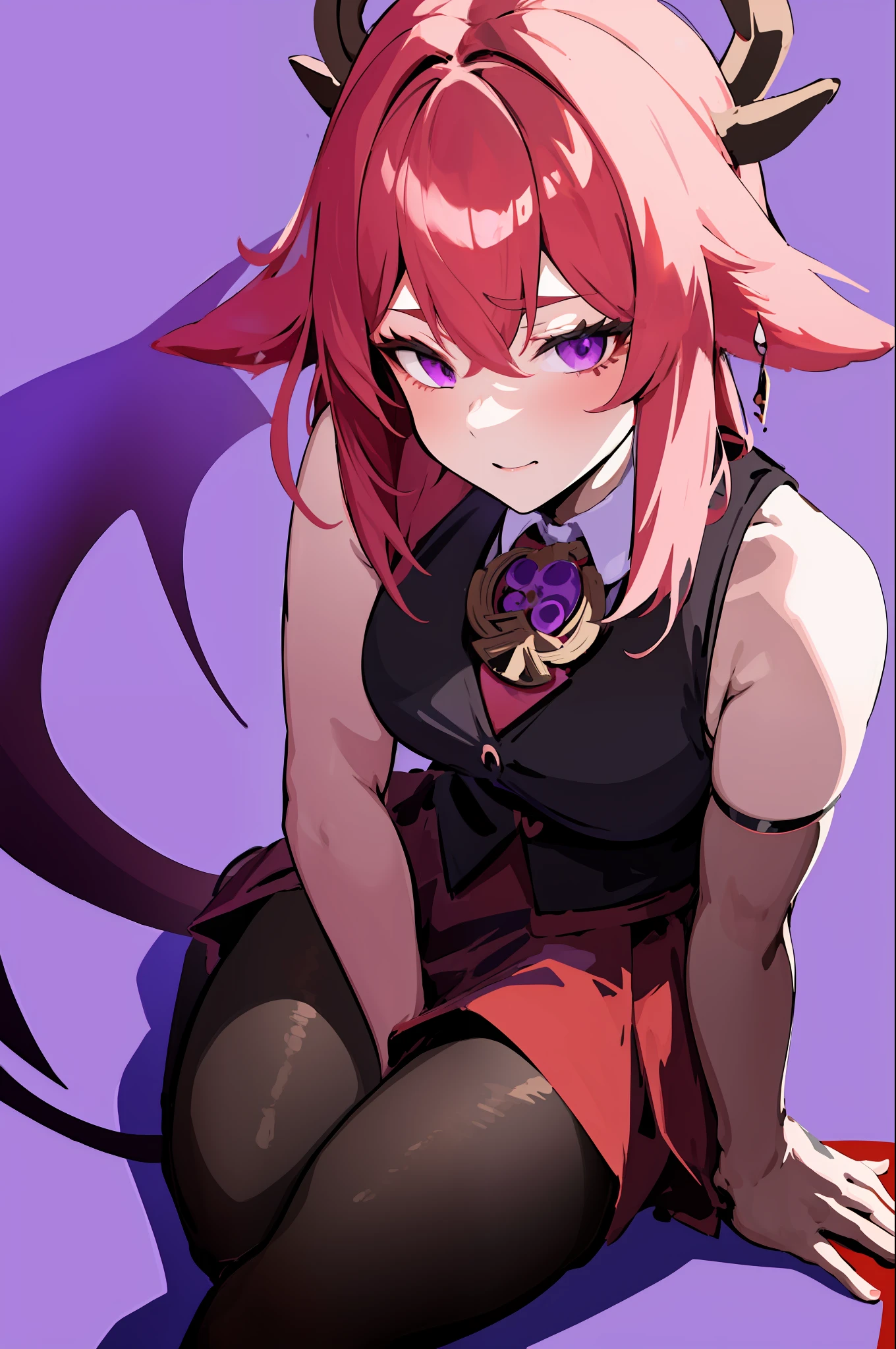 masterpiece, best quality,  1girl, yae miko,  black horns, pink hair, shirt, short hair, black pantyhose, black skirt, demon horns, demon girl, solo, demon tail, pantyhose, red shirt, 1girl, waistcoat, vest, skirt, purple eyes, black vest, purple background, horns, tail, simple background, sitting,