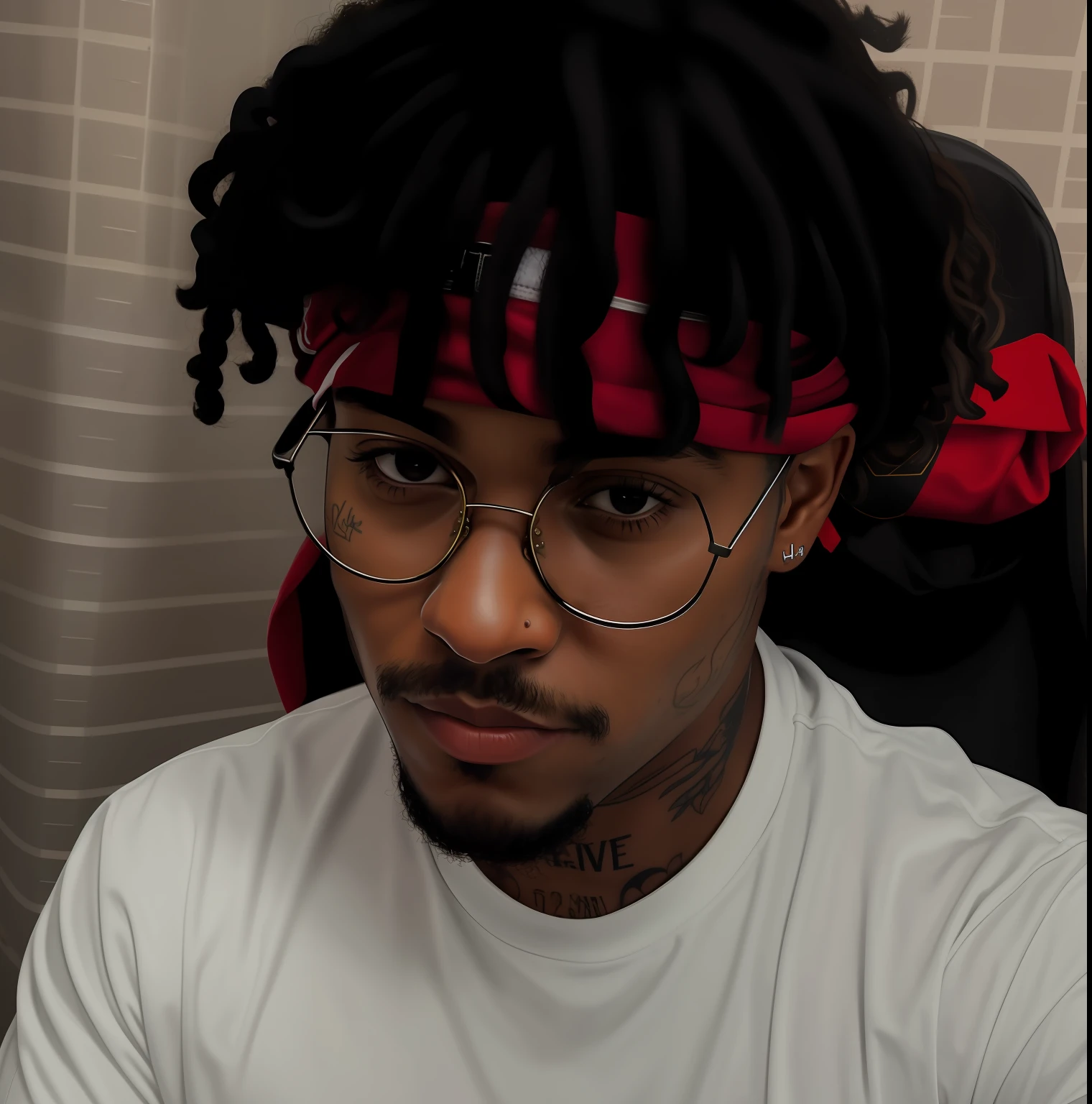 There's a man with a red bandana on his head, Streamer do Twitch / Jogador Ludwig, head shoot, ((vermelho)) olhos baggy, wearing a red backwards cap, halfbody headshot, curls on top of his head, foto de perfil headshot, xxxtentacion, 1 / 2 headshot, taken in the early 2020s, 1 / 4 headshot