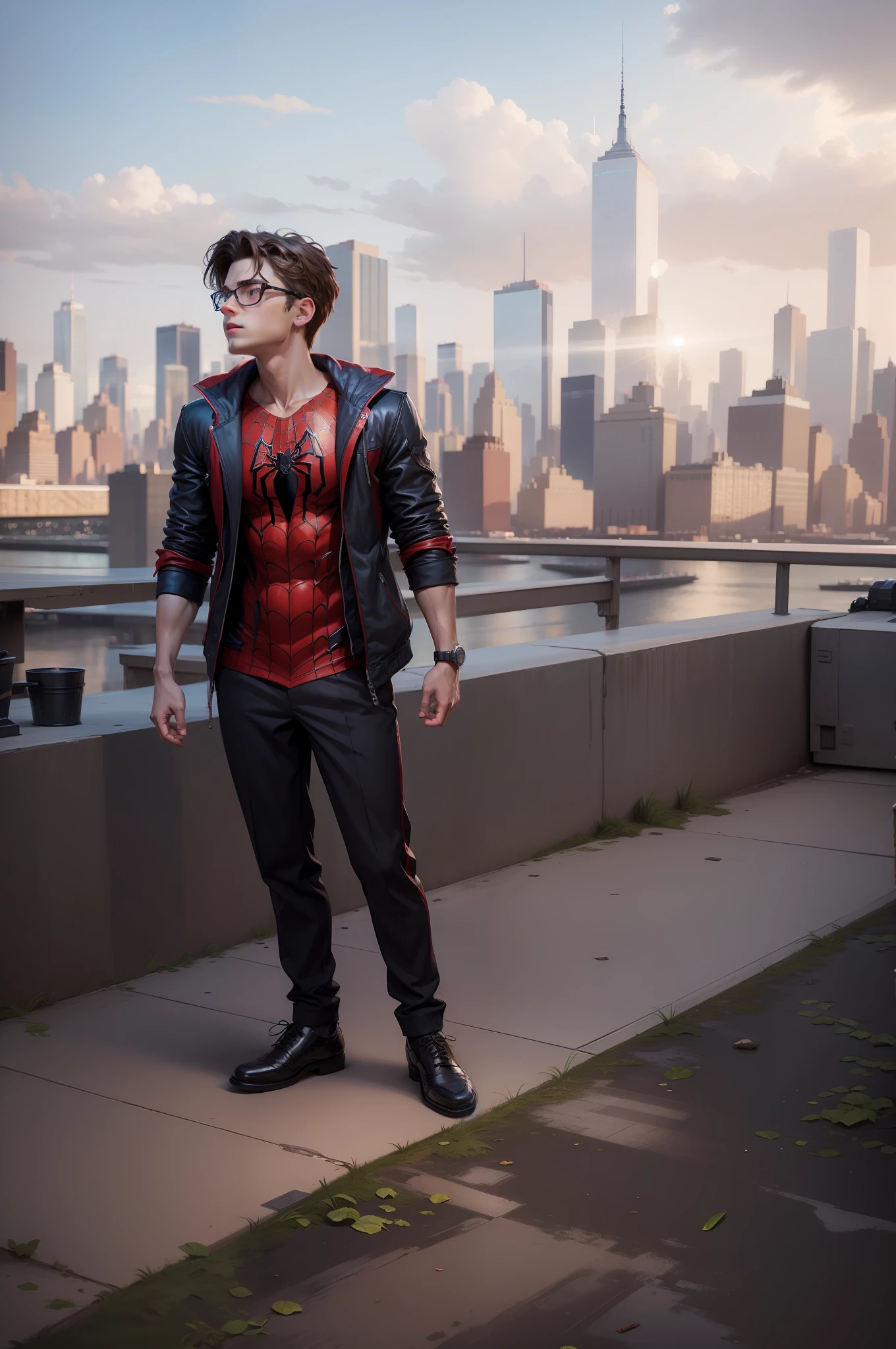 Boy become a Peter Parker, spider Man home made suit, new York city, avengers tower, realistic and 4k