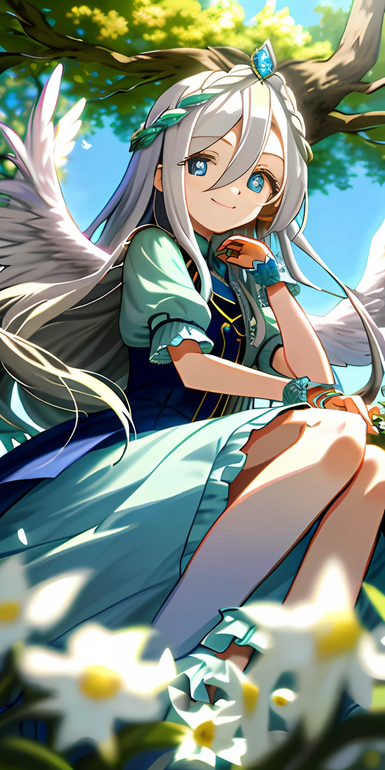 （tmasterpiece，best qualtiy），A long-haired loli with white hair sits in a tree-lined flower field，She has blue pupils，Her left hand rests under her chin，She wears a garland，Hair covers the right eye，and she smiling，warmly lit，She wore a sky blue dress，She has white wings，Blurred foreground，Eyes look into the distance