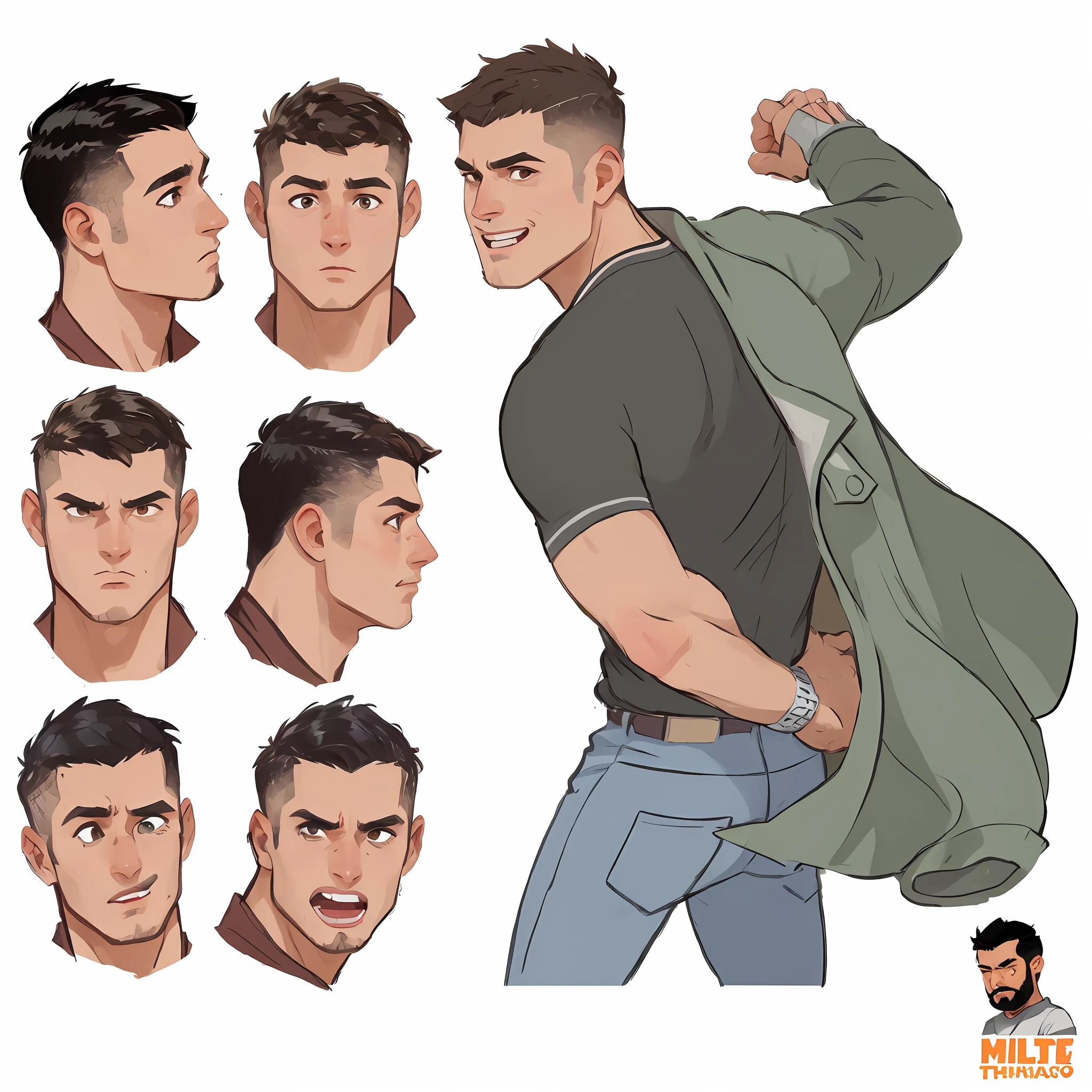 a close up of a person with different facial expressions, design de personagem masculino, arte do personagem masculino humano, comic character design, design de personagem de alta qualidade, design de personagem altamente detalhado, design detalhado de personagens, [ design de personagens ], personagem masculino, folha de modelo de alta qualidade, arte detalhada do personagem, Design de personagem de corpo inteiro, reviravolta de personagem, design de personagem profissional, design de personagens, folha modelo