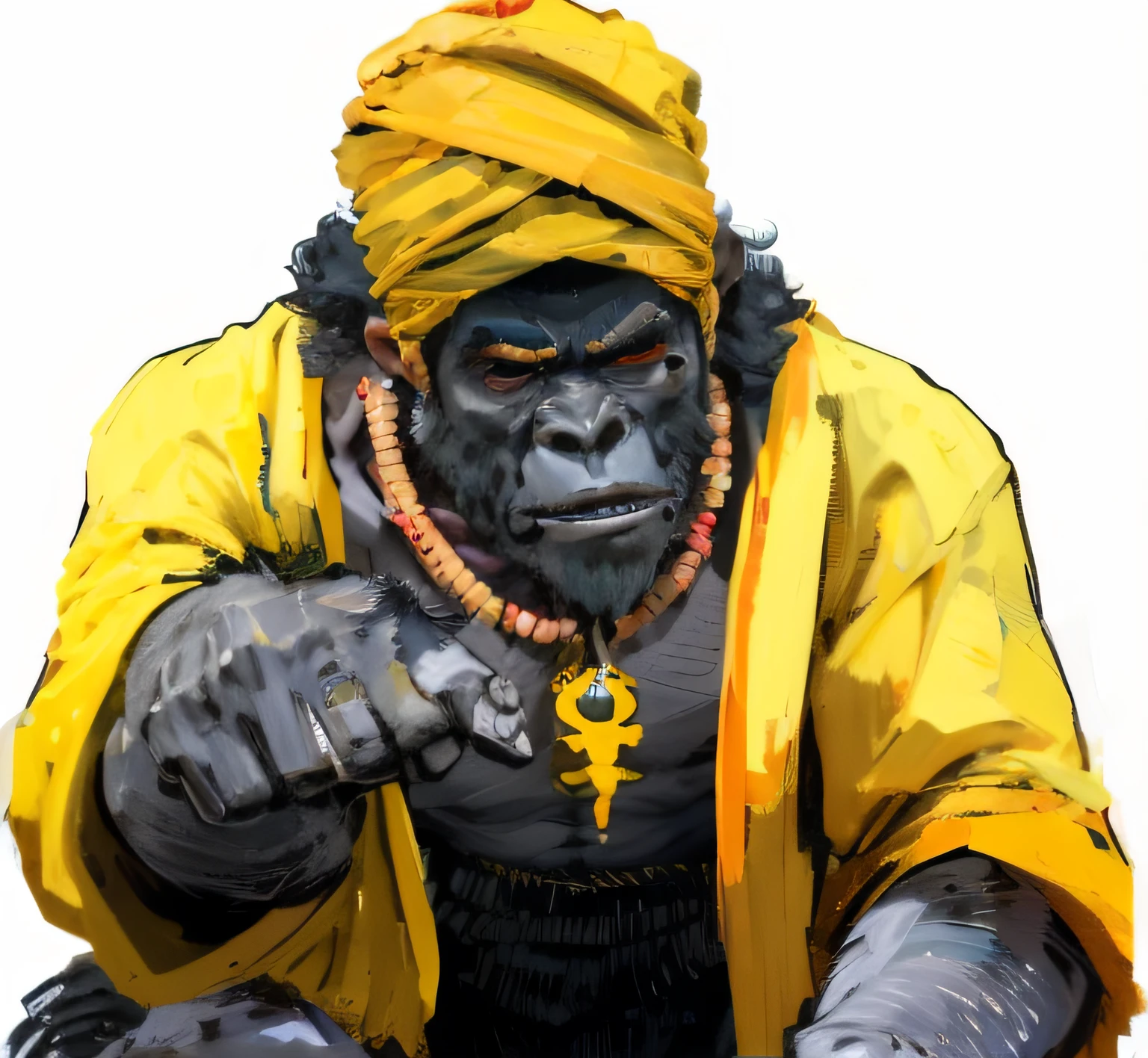 obra-prima, melhor qualidade, gorila, sentado, com turbante, wearing a yellow bathrobe, yellow turban on head, conversando, wearing a necklace around the neck, colar feito de corda.