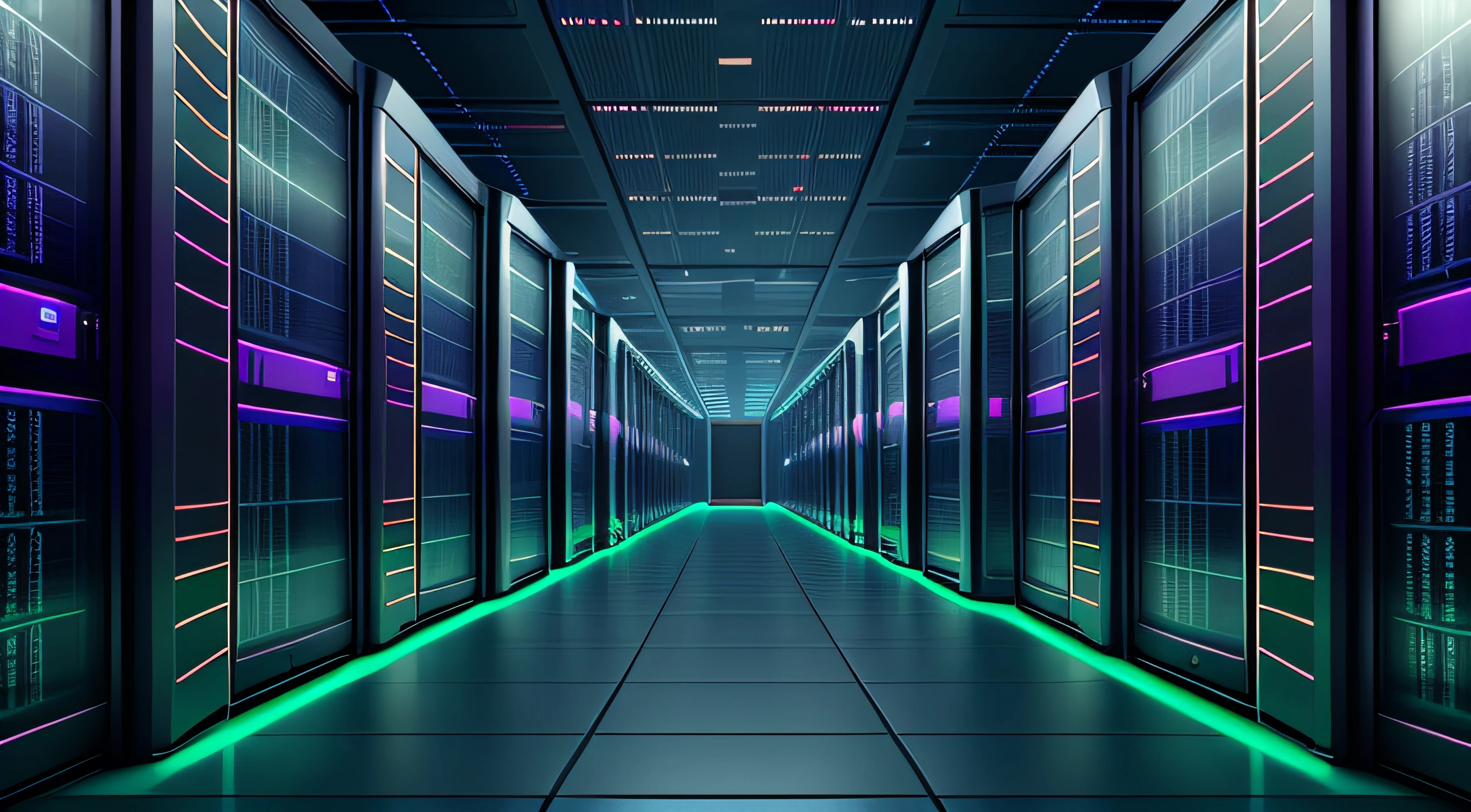 a dimly lit hallway with rows of data and computer screens, background is data server room, hacking into the mainframe, cyber space, in realistic data center, 3840x2160, 3840 x 2160, spaceship hallway background, cyber architecture, surreal cyberspace, in detailed data center