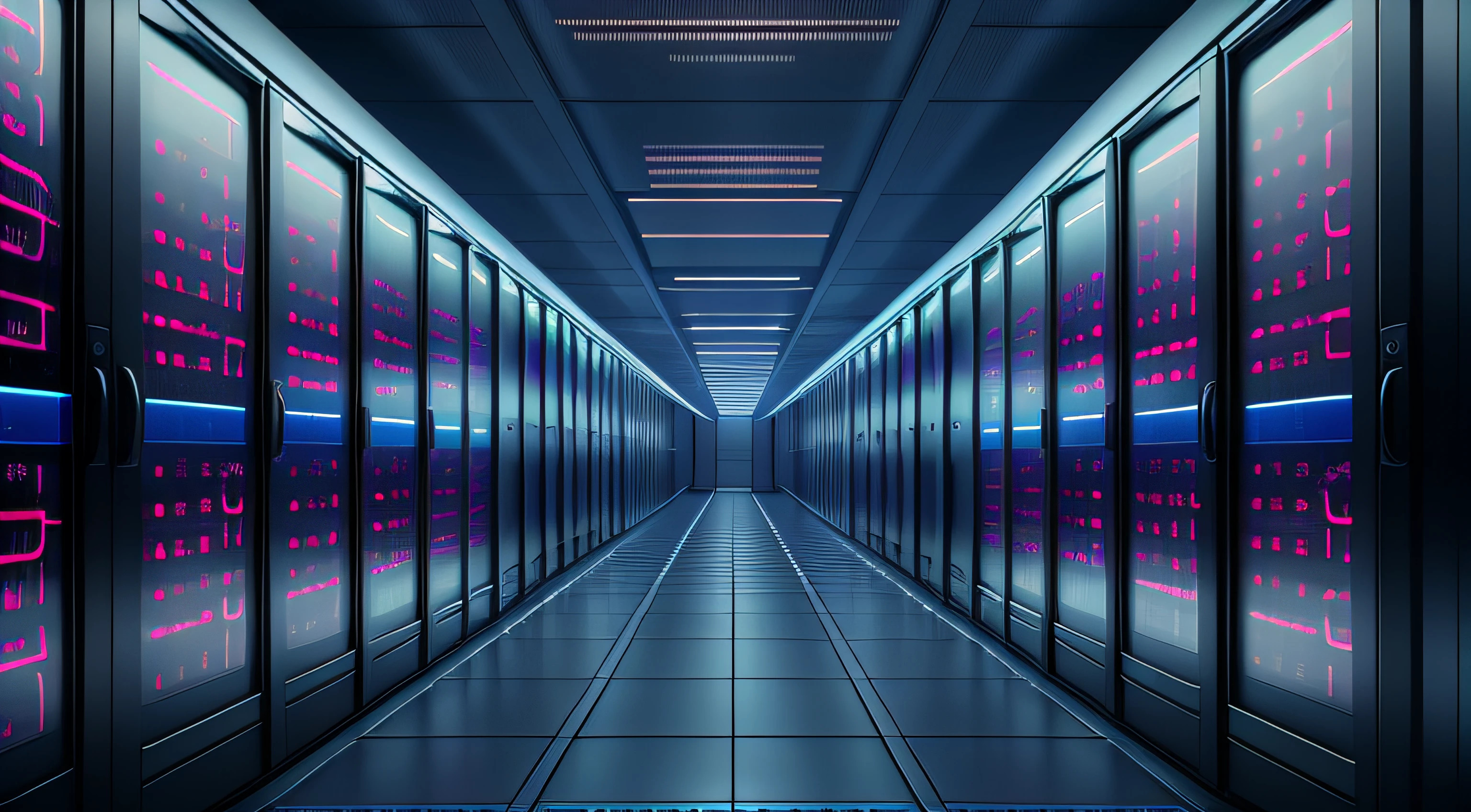 a dimly lit hallway with rows of data and computer screens, background is data server room, hacking into the mainframe, cyber space, in realistic data center, 3840x2160, 3840 x 2160, spaceship hallway background, cyber architecture, surreal cyberspace, in detailed data center