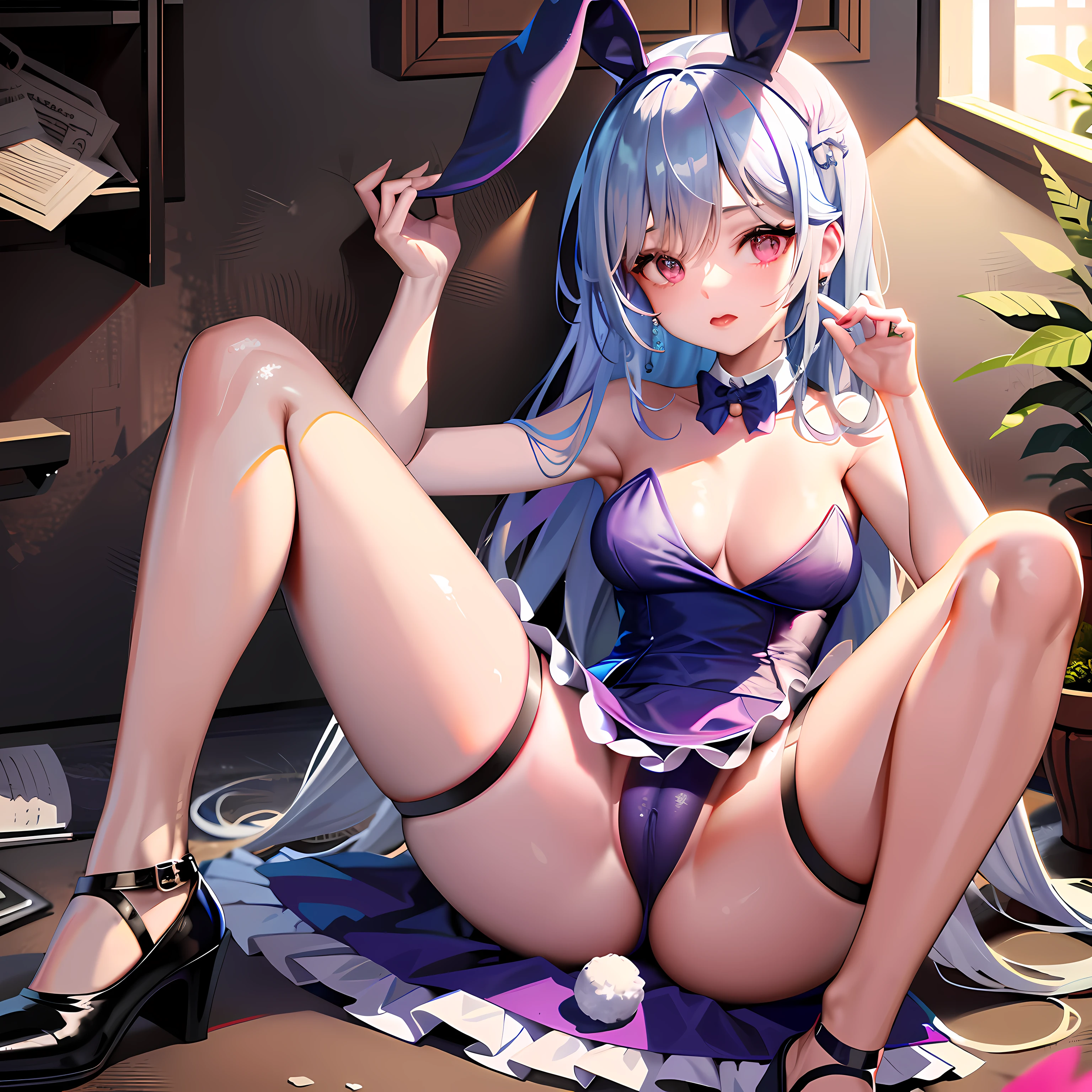Anime - style image of a woman sitting on a rug in a bunny suit, seductive anime girls, Bunny Girl, beautiful anime girl crouching, with bunny ears, , small curvaceous lolie anime girl is crouching, ultrarealistic sweet bunny girl, anime moe art style, author:Shitao, 8K High Quality Detailed Art 7