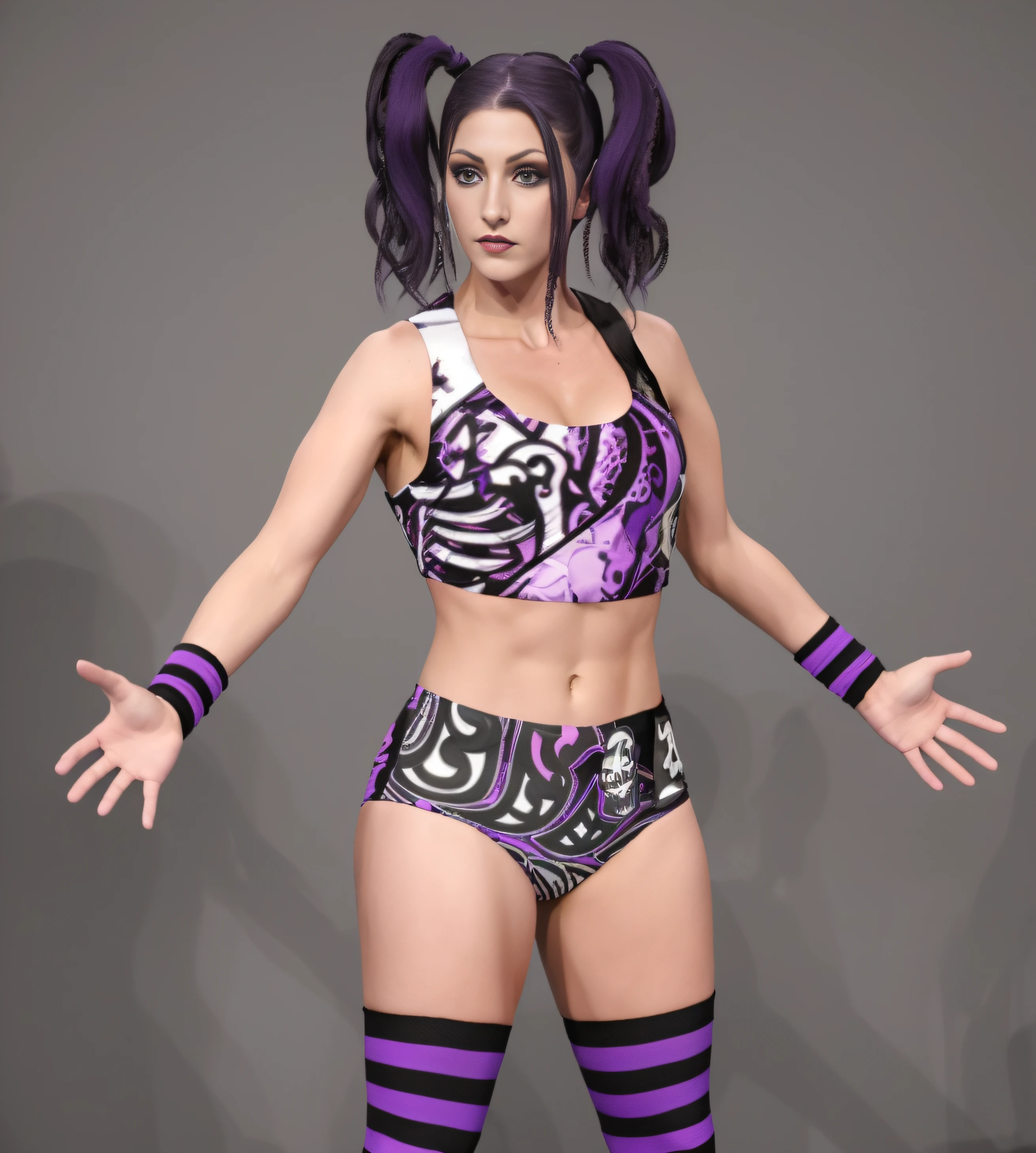 ((masterpiece, best quality)), Caucasian female wrestler with dark purple pigtails, in purple black and white skull patterned bra top, purple black and white skull patterned trunks that say "DAVEY" on the side, purple and black striped wristbands, purple and black long socks, photo realistic, intricate details