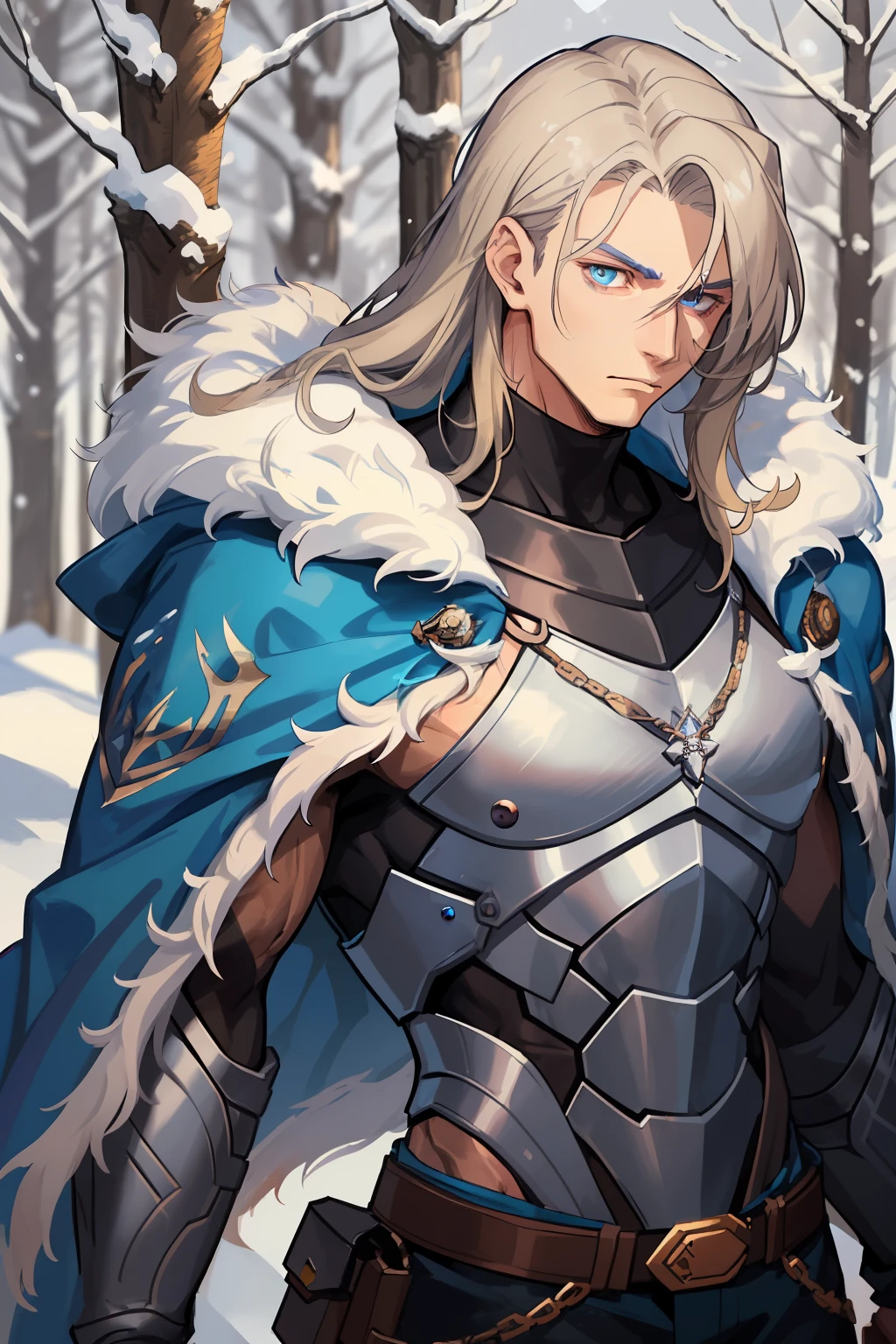 A man with a muscular physique, He has long blonde hair and shaved temples. Eyes of different colors, One eye is brown, Other blue. The scar on the face passes through the blue eye. Dressed in a gray jacket with metal armor and brown, loose pants. On the legs are metal berets. The man is dressed in a blue cloak with a fur hood, The hood is not worn on a man. The man has a brown archery rock in one hand. The blue eye of a human bionic. serious expression on his face. Male body, The face of a handsome man. A man stands in a snow-covered forest. SOVA VALORANT.