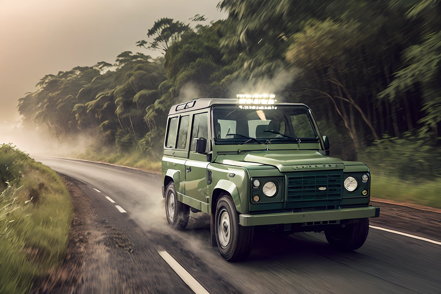 analog gloomy (close up shot) photo of a (sage green land rover defender 2015, ), ((speeding in a jungle (at dawn))), ((camel trophy style)), ((forrest)), High Detail, Sharp focus, ((photorealism)), ((realistic)), best quality, 8k, award winning, dramatic lighting, epic, cinematic, masterpiece, backlit, contrejour, rim light, ambient fog:1.4, dutch angle, depth of field, volumetric lights,