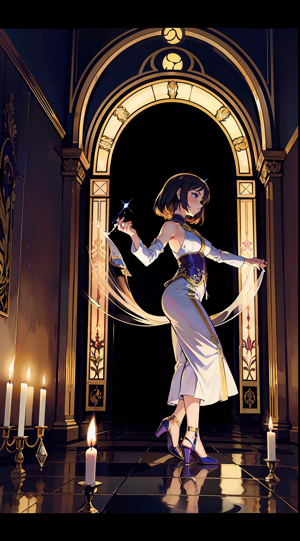 Una imagen en estilo art nouveau. A woman dances in a dark room lit by several candles, Su sombra reflejada en la pared tiene la forma de un demonio..