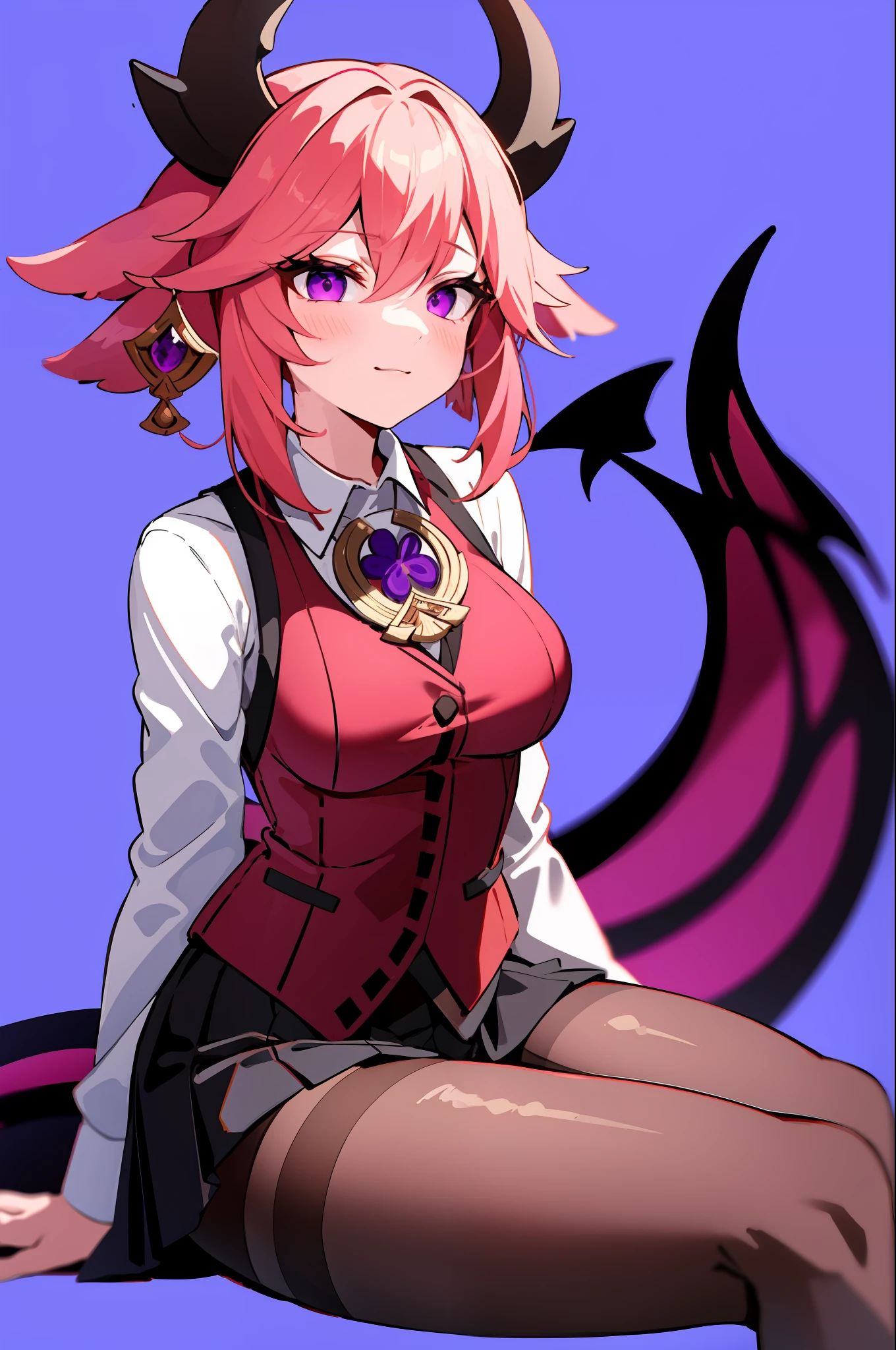 masterpiece, best quality,  1girl, yae miko,  black horns, pink hair, shirt, short hair, black pantyhose, black skirt, demon horns, demon girl, solo, demon tail, pantyhose, red shirt, 1girl, waistcoat, vest, skirt, purple eyes, black vest, purple background, horns, tail, simple background, sitting,