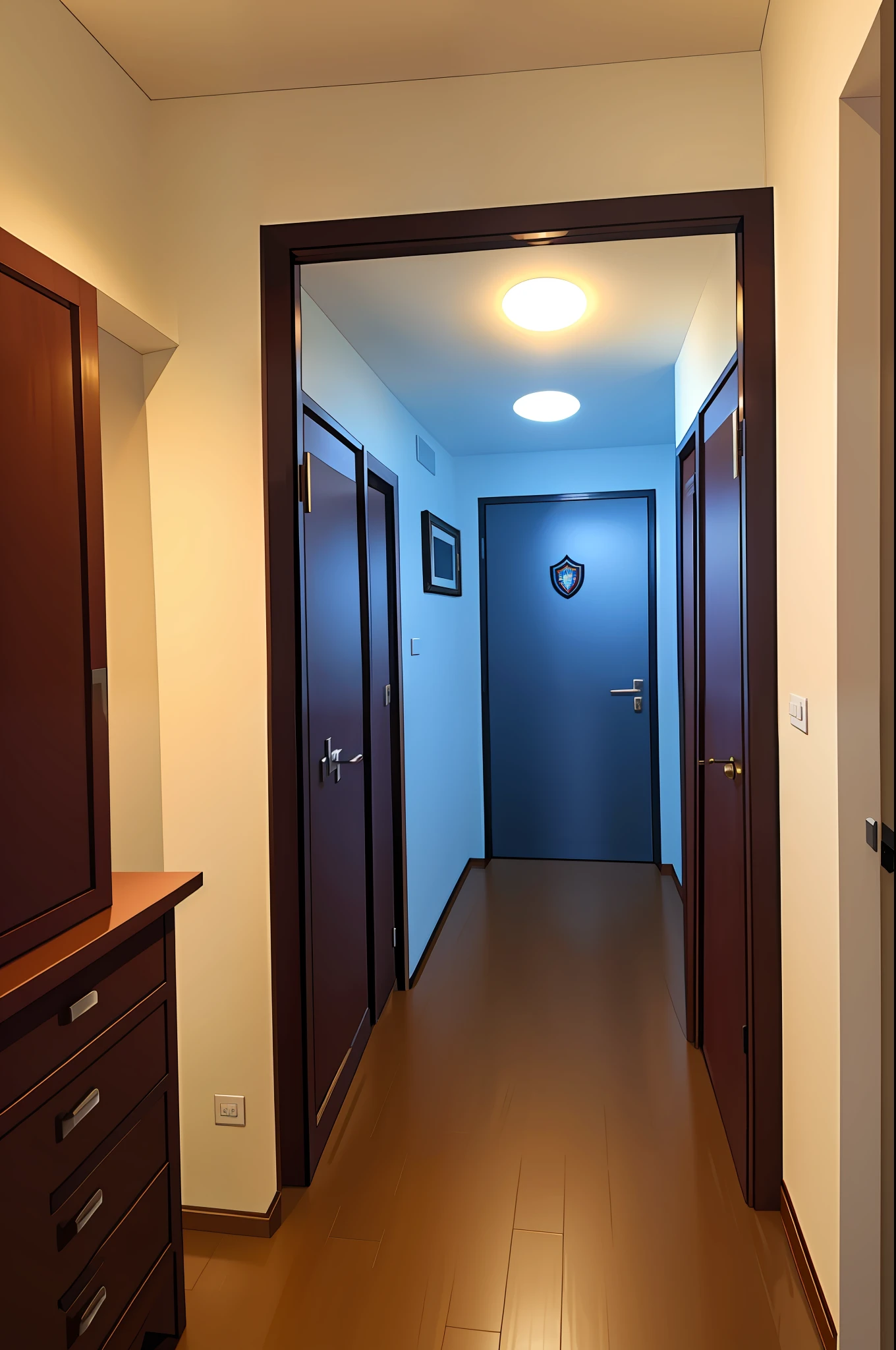 entrada de um quarto luxuoso e bem iluminado com uma grande cama ao fundo