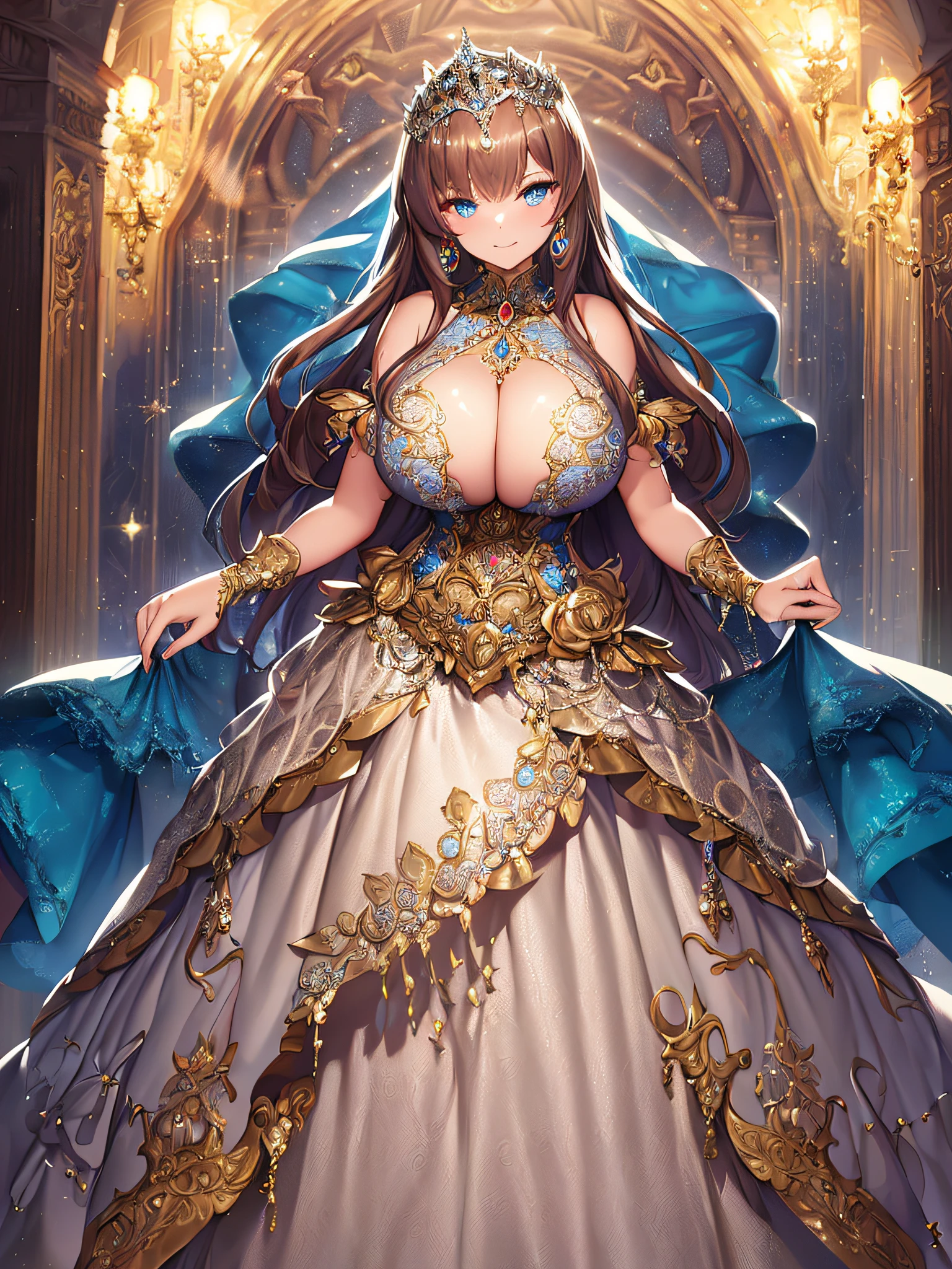 ((anime artstyle)),(Masterpiece),(Best Quality), (Super Detail),((Very Delicate and Beautiful)),((Solo)),(((1 bling-bling princess in beautiful embroidery and jeweled gorgeous rococo ball gown dress with voluminous full length hoop skirt))),((bling-bling)),Long train,(bling-bling gorgeous gemstone jewelry),detailed face and eyes,jewel-like eyes,((extremely voluminous Very Long Hair,Straight Hair)),((gigantic tits,Long tits)),cleavage,(gorgeousfull embroidery and lace),gorgeous corsage,See-through,extremely gorgeousfull hair ornament,bling-bling extremely gorgeousfull jeweled tiara,ornate ruffles,(hoop skirt,crinoline),((Dynamic Angle)),Looking at viewer,((beautiful embroidery and jeweled extremely gorgeous rococo ball gown dress with voluminous full length hoop skirt))
