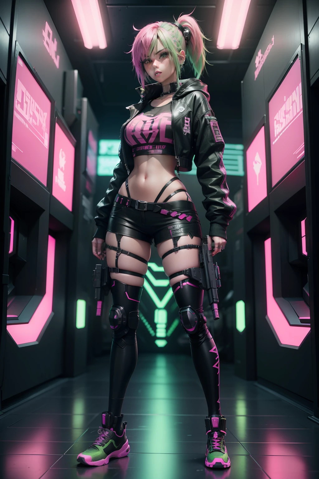 full body Esbian、3D Game Animation,Fighting with machine guns、cyberpunked, Pink and green hair、Full body shot, Casual clothing, All Neon, Fashion,Holding a machine gun in both hands、 An AI, , Cyberpunk Games , Highly detailed, Art Station, 8K, Bright lighting, Very beautiful face,Fighting