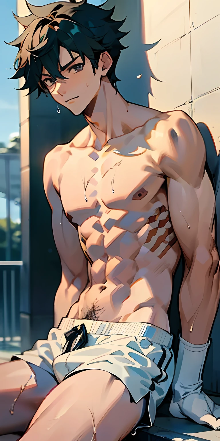 Handsome guy in white socks, abs boy, sunny handsome, anime male protagonist, male high school student, white socks, topless, sports shorts, full body photo, detailed face, bulge, wet shorts