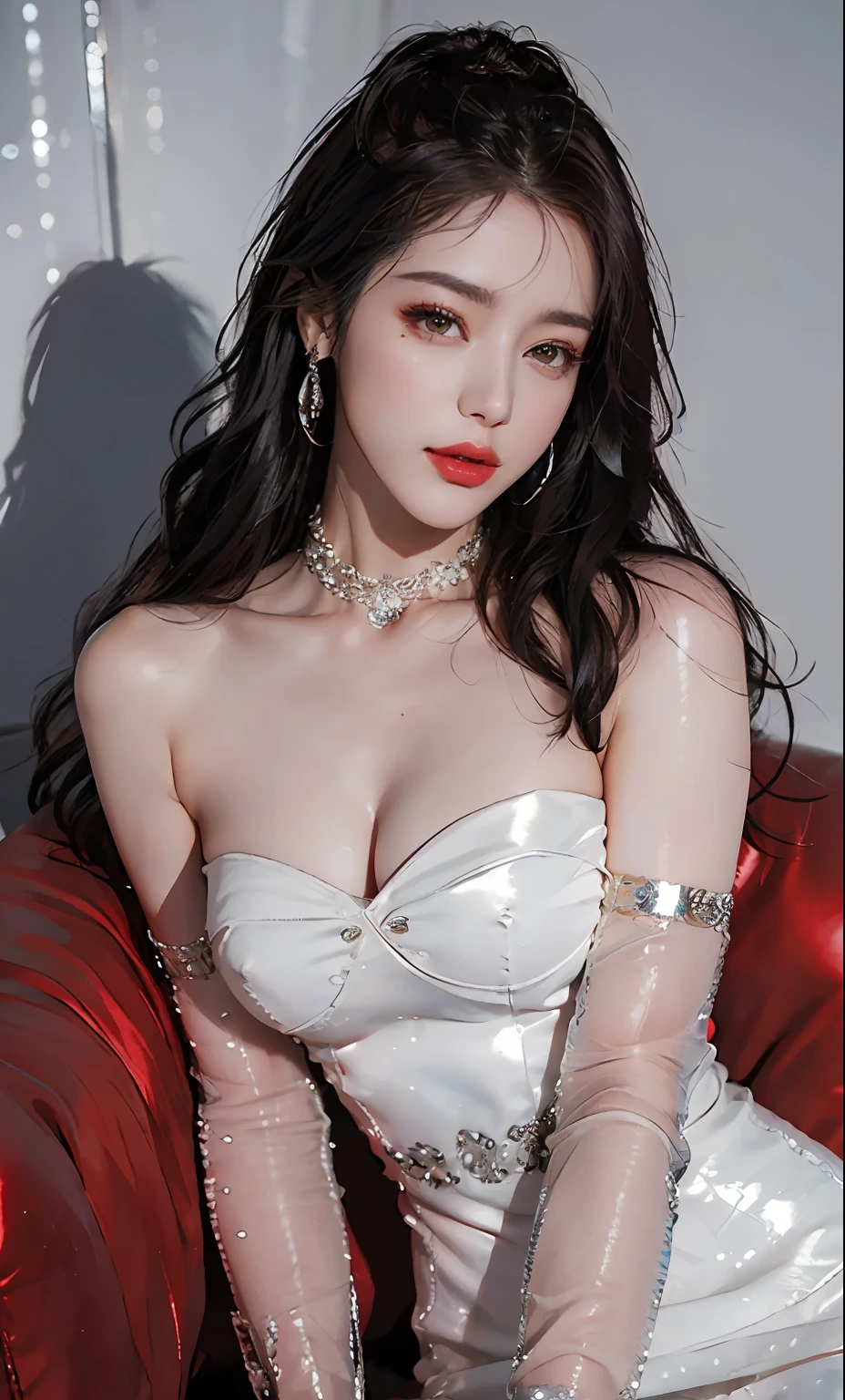 (8k, RAW photo, photorealistic:1.25) ,( lip gloss, eyelashes, glossy side, shiny skin, best quality, ultra high resolution, depth of field, chromatic aberration, caustic, wide light, natural shadow, Kpop idol) In the room, European style, sitting, long silver hair, white cheongsam, red trim, big breasts