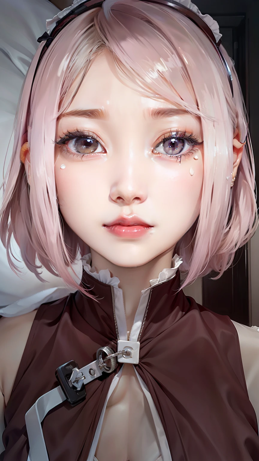 [(best quality, masterpiece, intricate detail: 1.3): 0.2], realistic, detailed skin, pov, looking at viewer, (top down: 1.2), (in bed), (in bed: 1.2), 1 girl, (Korean mixed race, K-pop idol), pale skin, (scared, crying, tears: 1.25), (slim body: 1.2), medium breasts, (maid, underwear, : 1.2), Crop top, navel (cleavage: 1.12)