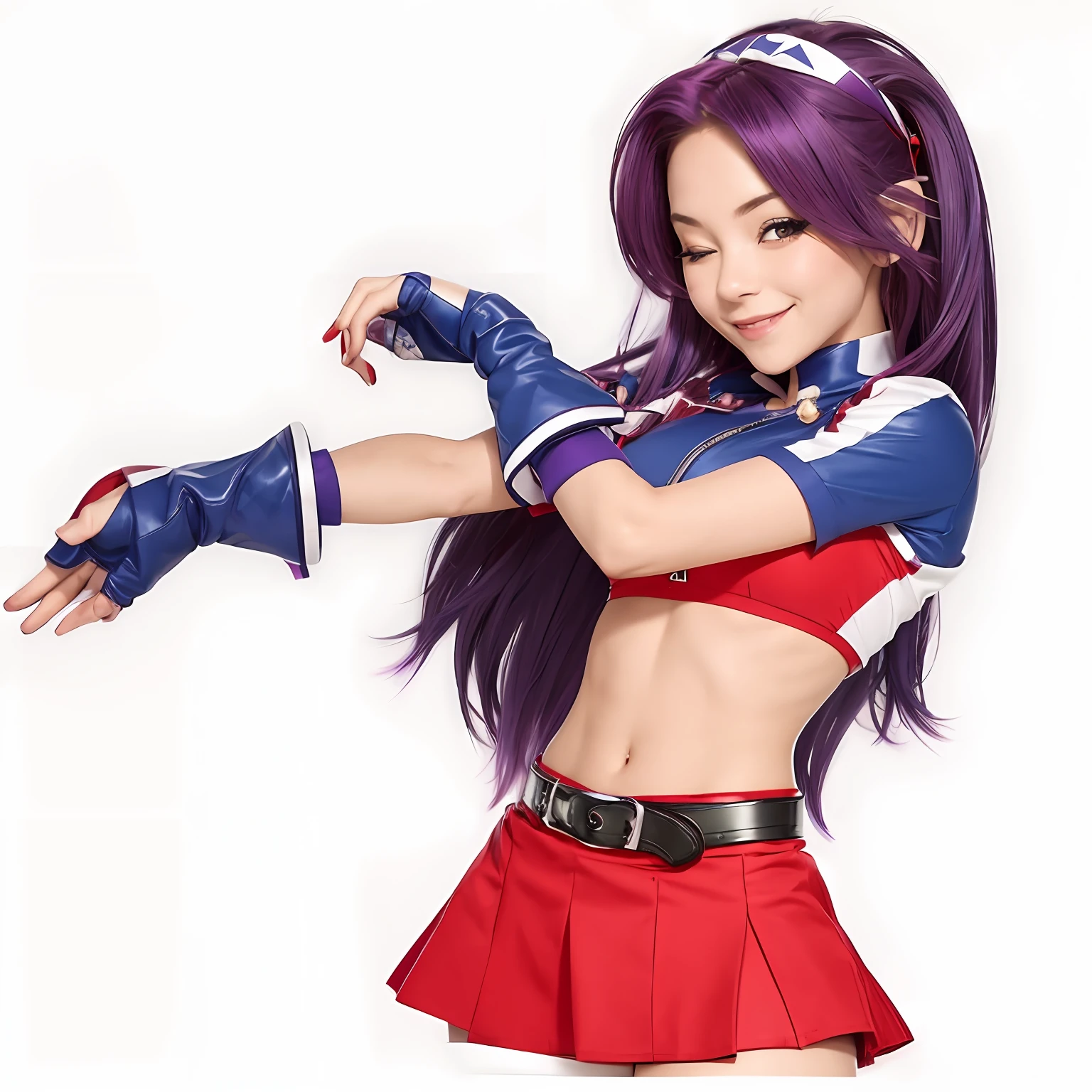 cute girl,purple hair with red hairbands,left eye closed, red tops,navel,light smiling,red skirt with black belt,blue hand gloves