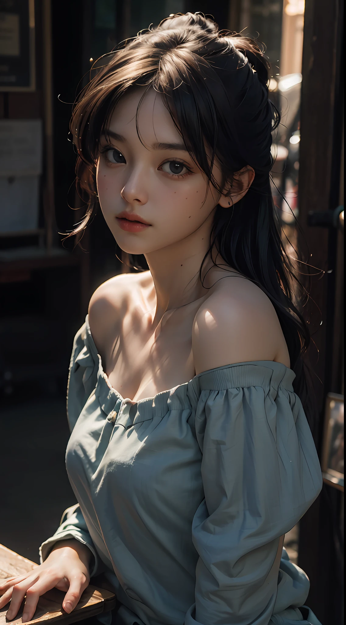 Best quality, masterpiece, ultra high res, (photorealistic:1.4), raw photo, 1girl, off shoulder, cinematic lighting
