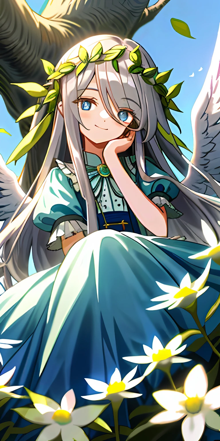 (tmasterpiece,best qualtiy),A long-haired loli with gray hair sits in a tree-lined flower field,She has blue pupils,Her left hand rests under her chin,She wears a garland,Hair covers the right eye,and she smiling,warmly lit,She wore a sky blue dress,She has white wings,Blurred foreground,Eyes look into the distance