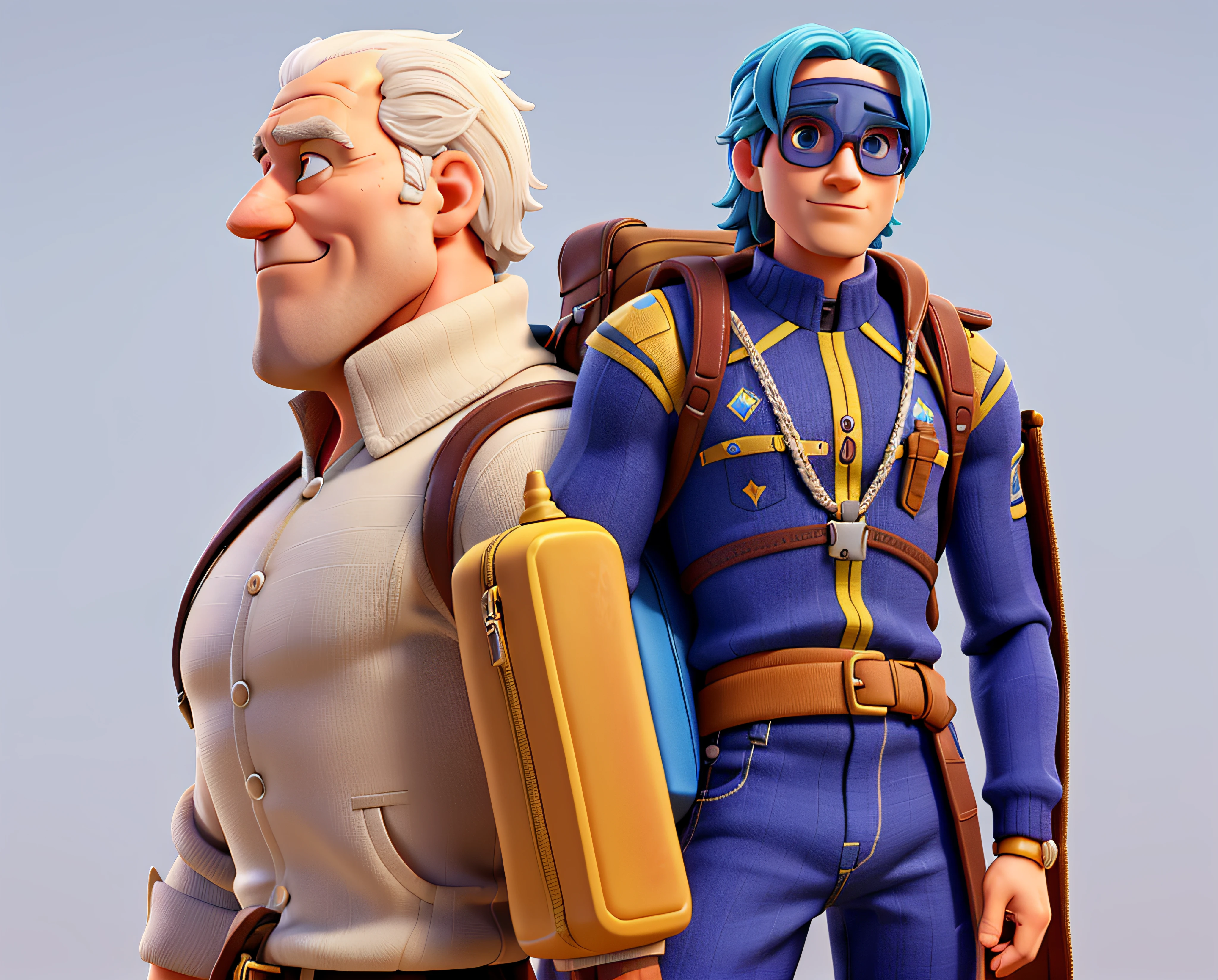 um close up de um homem com uma mochila e um homem careca sem camisa, Iconic character of high detail, Personagens 3D, sfm render, JJBA, Sfm, modelos de caracteres de alto detalhe, personagens musculosos, action figures, Joe Biden como um personagem JoJo, medium shot of two characters, Equipe Fortaleza 3, personagens do jogo, Personagem de Fortnite, Personagem 3D