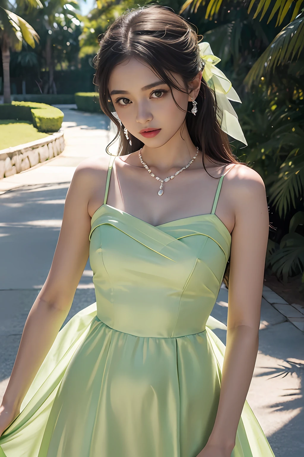 Verão das mulheres Buffing manga fora do ombro Mini Lemon Green Dress A-line A-line A-line A-line Light Green Silk Satin Dress Long Dress Organza Silk Disney Lace Pearl Dress Long Strap Pearl Colar, salto em altura, loop de corpo inteiro bow, verde claro amarelo