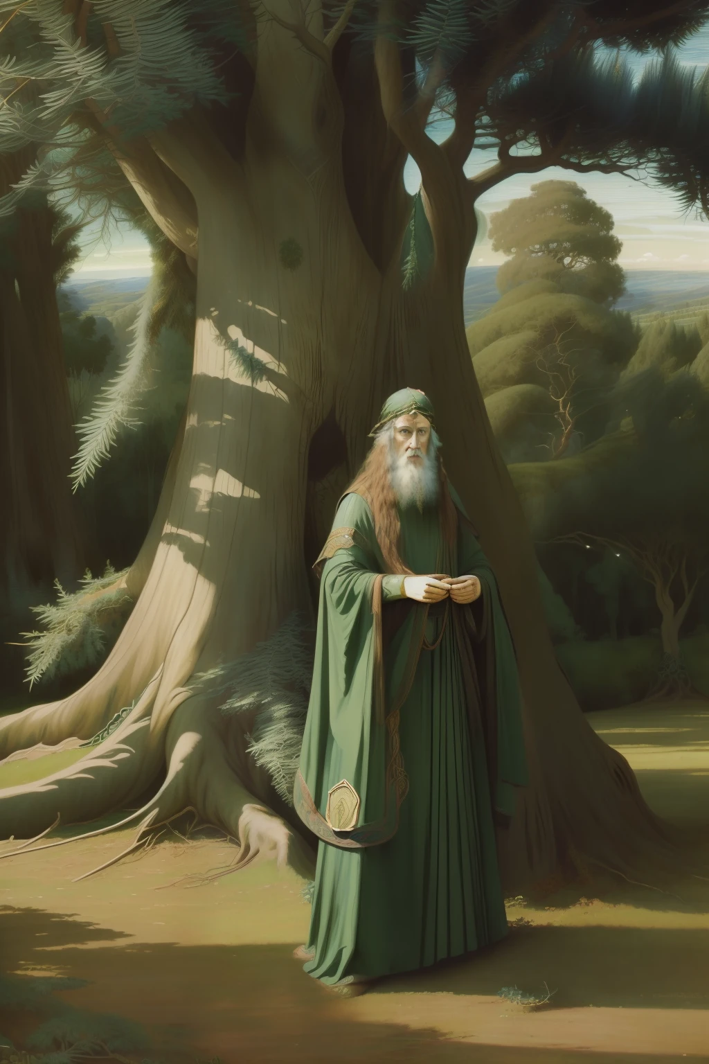 (((Pre-Raphaelite Celtic painting of an old druid at the feet of a large twisted yew tree, paisagem celta)))