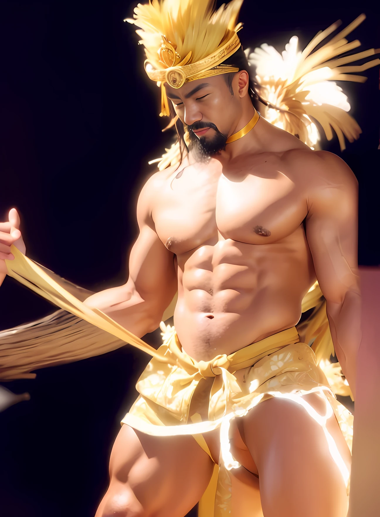 best qualtiy，tmasterpiece，超A high resolution，（realisticlying：1.4），详细的脸，detailed skin textures，Hawaiian muscle man dancing hula，Dark  skin，Oily skin reflexes，short detailed hair，Hawaiian Crown，a black choker，The crotch is covered with fabric，legs separated，dynamicposes，独奏，malefocus，（A high resolution，ultra - detailed），Hawaiian middle-aged muscle man，1 male，37-year-old man，Nasolabial folds，a broad shouldered，the Extremely Detailed CG Unity 8K Wallpapers，Complicated details，独奏，（full bodyesbian：0.6），Martial arts gym background，inside in room，detailed back ground，Naked upper body，large muscle，Huge round pectoral muscles，Thick thighs，Sweat all over the body，（（（（Bulging crotch)））），Thick pubic hair，Thick ，ssmile，A lewd smile，dark night background，