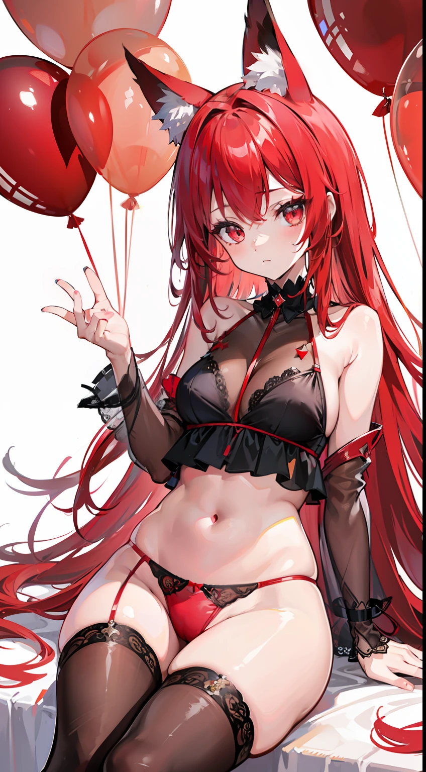 high quality, masterpiece, ultra-detailed, red lingerie, red panties, thigh highs, extremely coloured, girl, beautiful, shiny skin, huge translucent eyes, long hair, fox ears, transparent balloons with glitter inside,