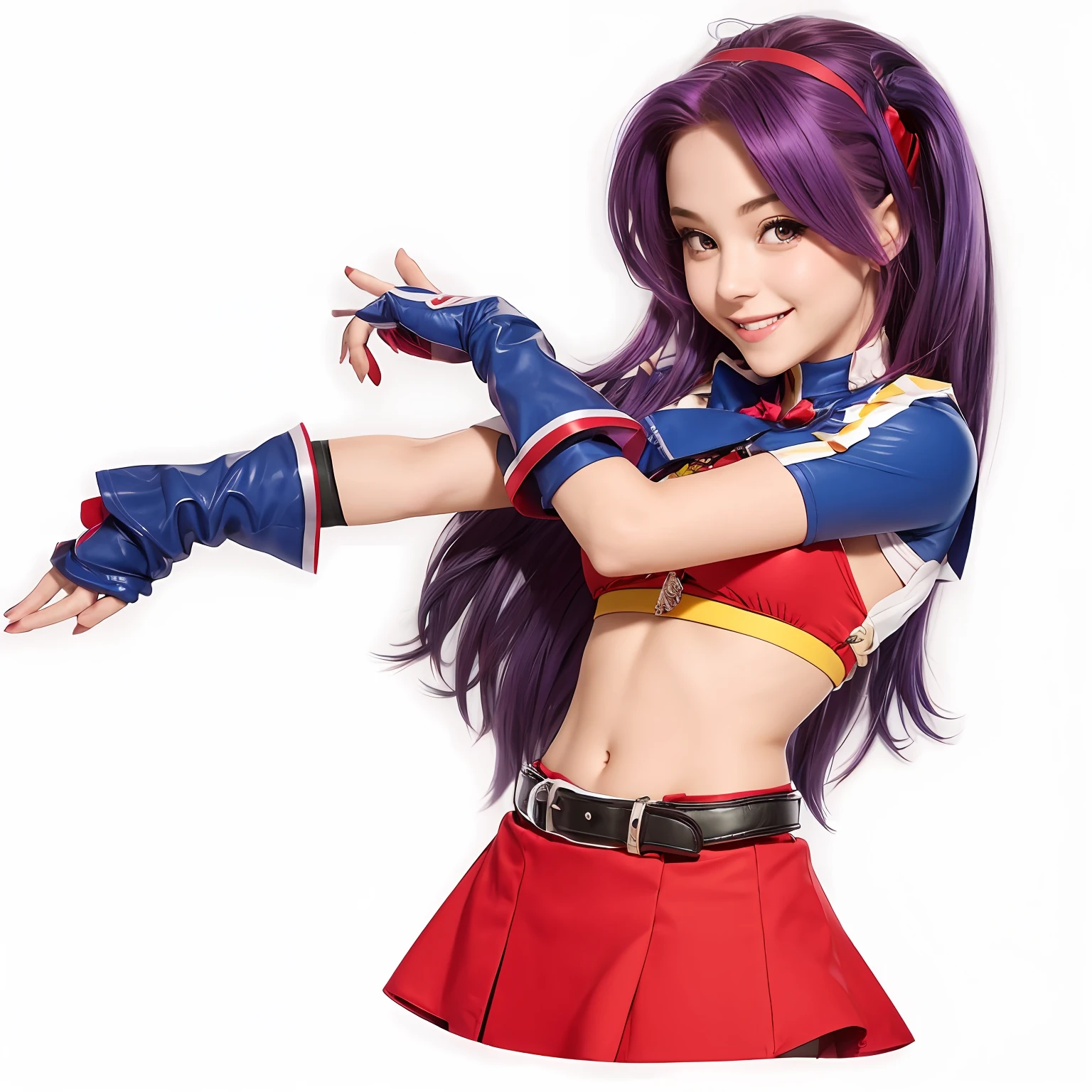 cute girl,purple hair with red hairbands, red tops,navel,light smiling,red skirt with black belt,blue hand gloves