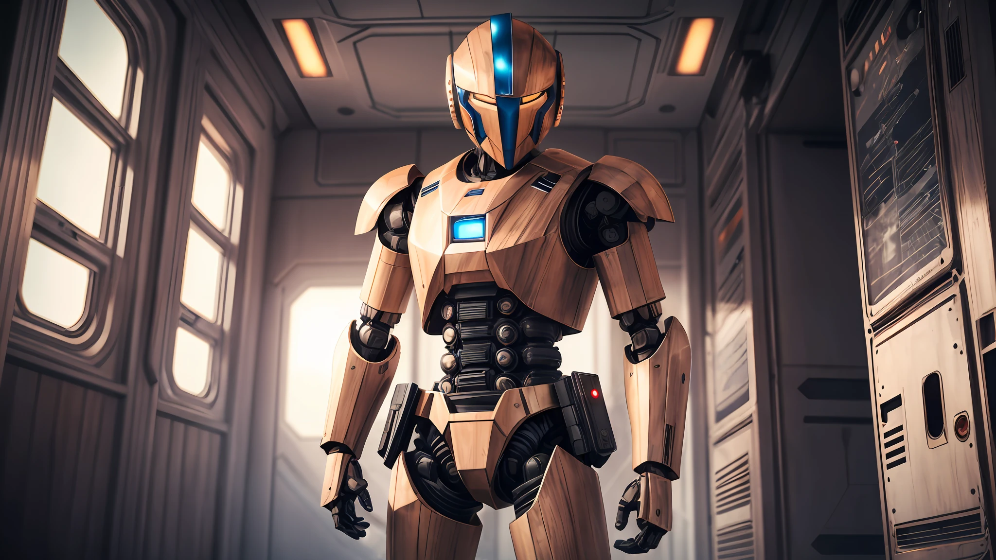 **Cinematic photography, robot set in the movie Stars Wars, he is wearing brown clothes, dramatic environment and very harsh dark shadows inside a spaceship, he is carrying a wooden scepter in his right hand, Sony ZV-EI Camera, style futuristic, s700 -- c 5 --auto --s2