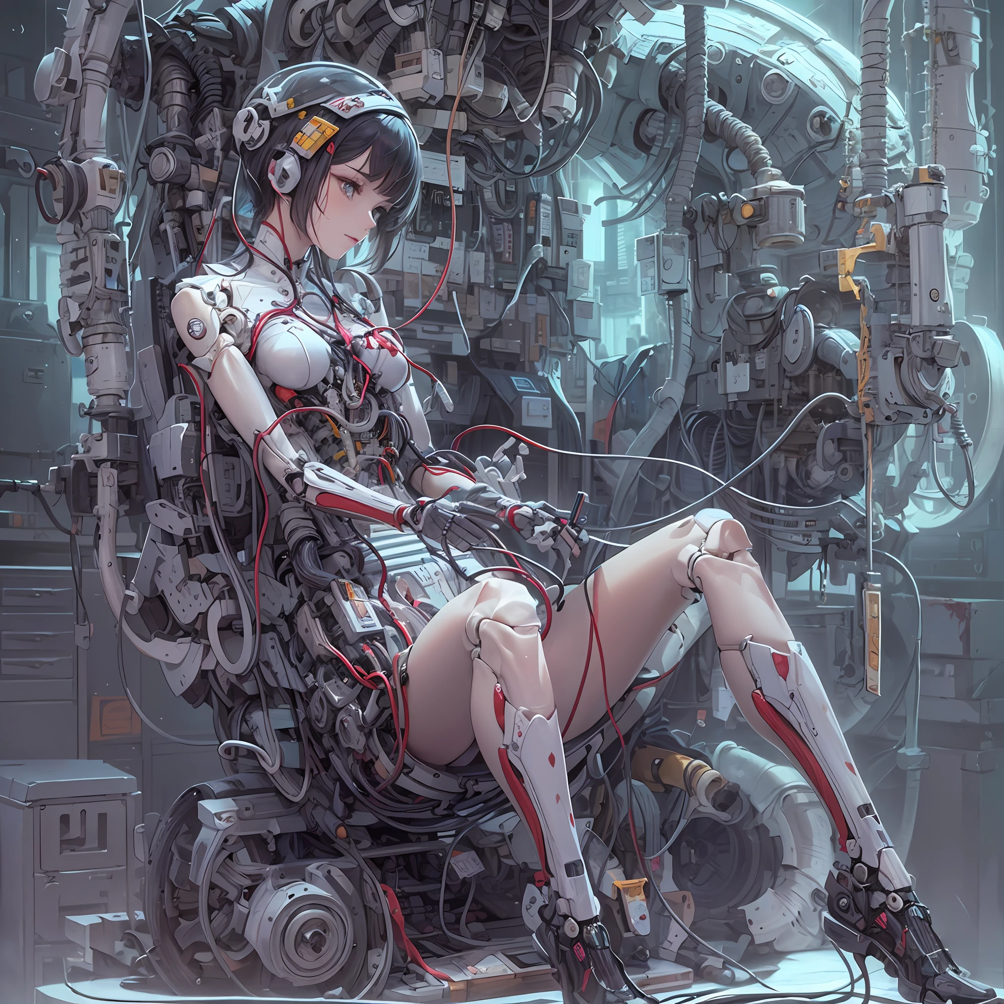 (((masterpiece))), (((best quality))), ((ultra-detailed)), (highly detailed CG illustration), ((an extremely delicate and beautiful)),(cute delicate face),cinematic light,((1mechanical girl)),solo,full body,(machine made joints:1.4),((machanical limbs)),(explosed muscles),(blood vessels connected to tubes),(a brain in container:1.3),((mechanical vertebra attaching to back)),((mechanical cervial attaching to neck)),((sitting)),expressionless,(wires and cables attaching to head and body:1.5),small breasts,short hair,(character focus),science fiction
